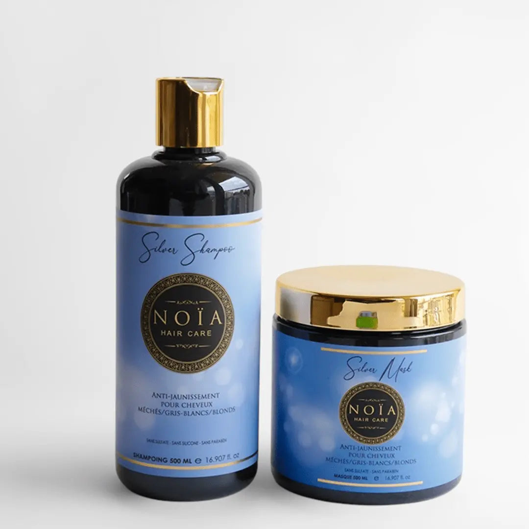 Routine Capillaire DUO Silver  : La Solution Anti-Jaunissement Complète pour les Cheveux Blonds - Shampoing+Masque Noiahair FR