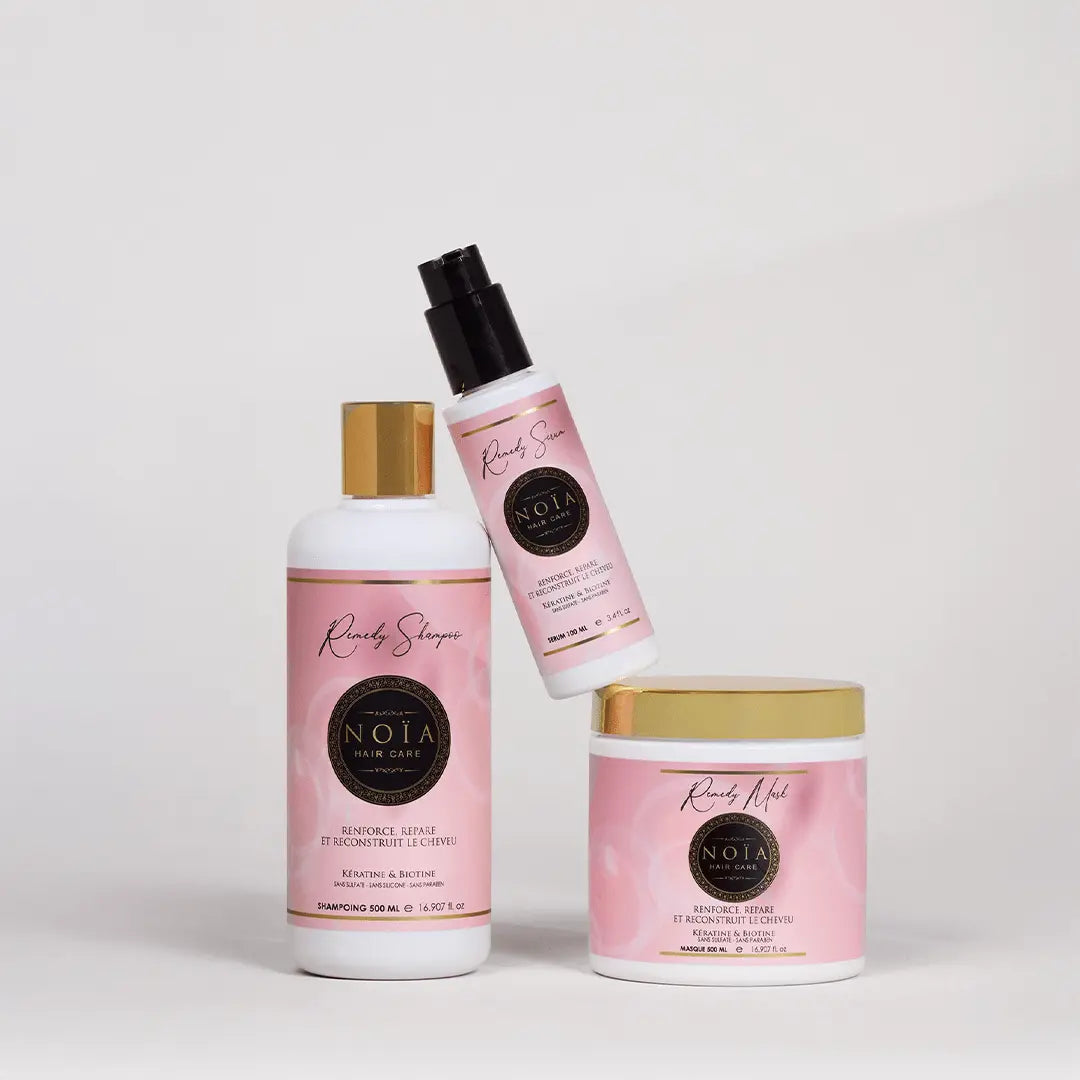 Routine Capillaire REMEDY de Noïa Hair Care : La Renaissance Capillaire - Pack Trio Shampoing + Masque + Sérum Kératine & Biotine Noiahair FR