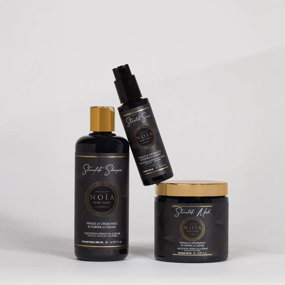 Routine Capillaire TRIO Stimulate de Noïa Haircare : Croissance & Force - Shampoing + Masque + Sérum - Huile de Ricin & Sésame et extrait d'ail Noiahair FR