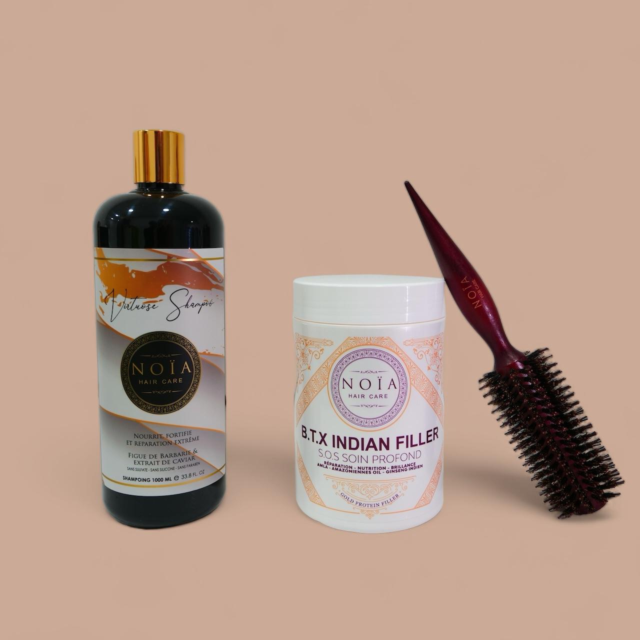 Combo shampoing Virtuose 1L+ BTX Indian filler 1kg+ Brosse ronde brushing Noiahair FR