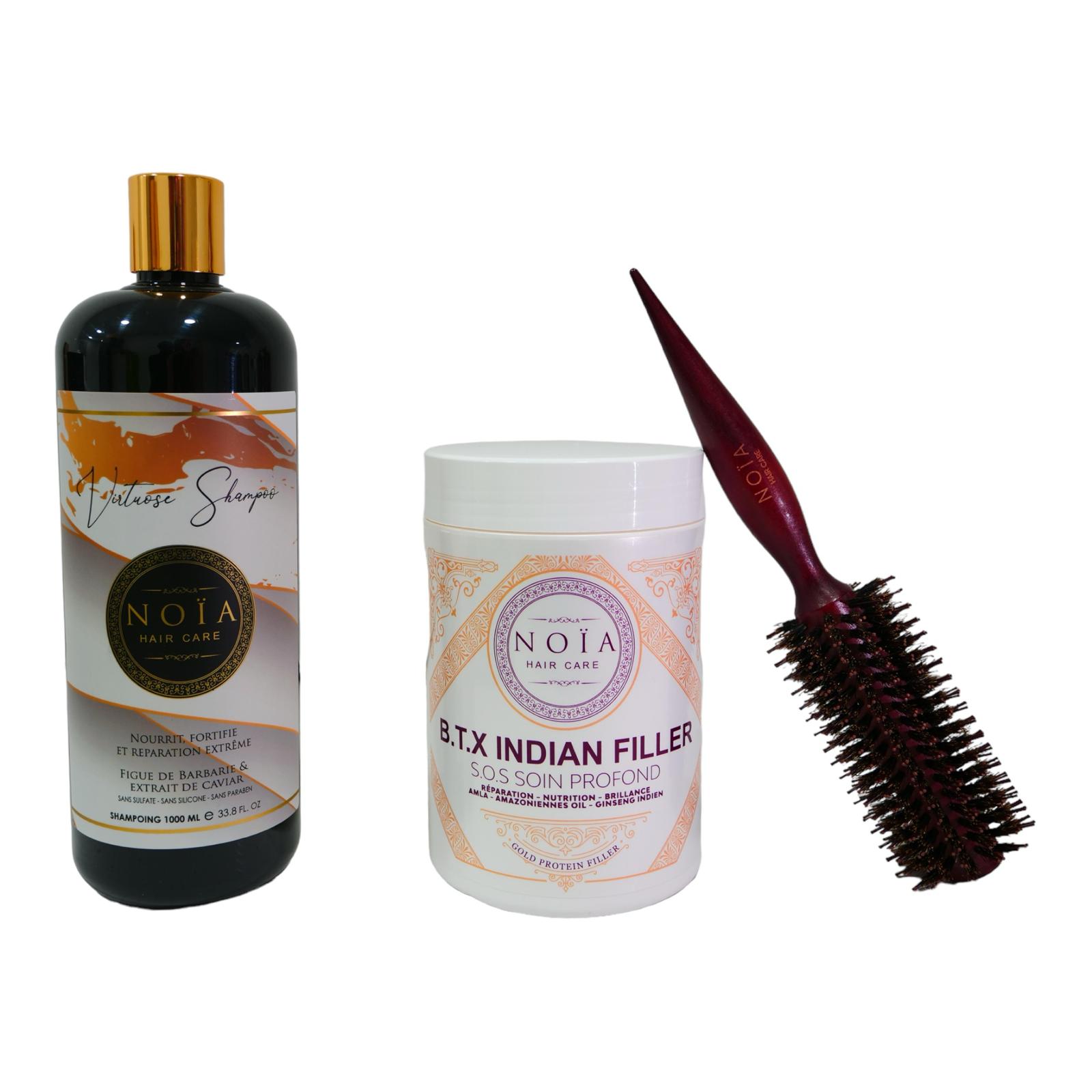 Combo shampoing Virtuose 1L+ BTX Indian filler 1kg+ Brosse ronde brushing Noiahair FR