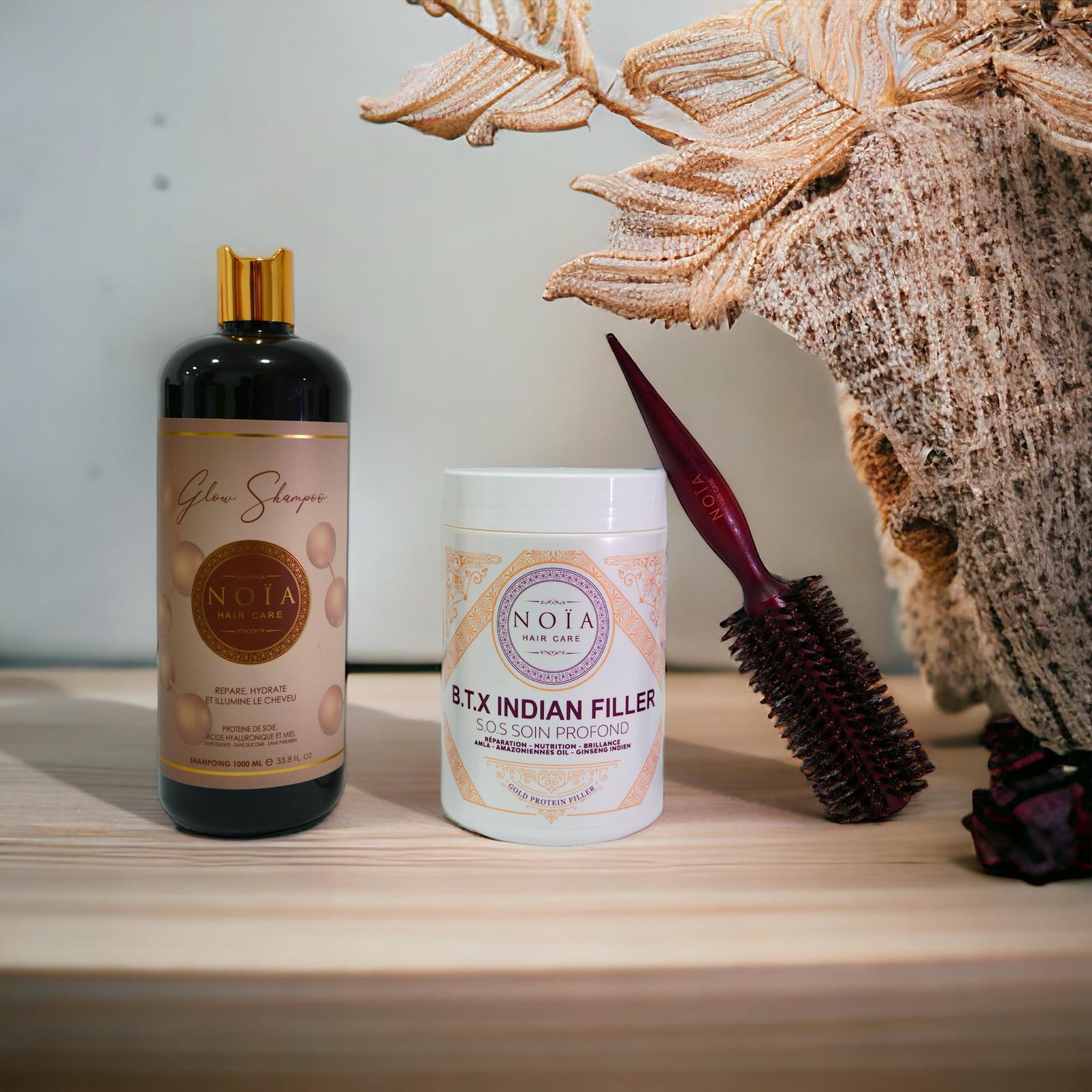 Combo shampoing Glow 1L+ BTX Indian filler 1kg+ Brosse ronde brushing Noiahair FR