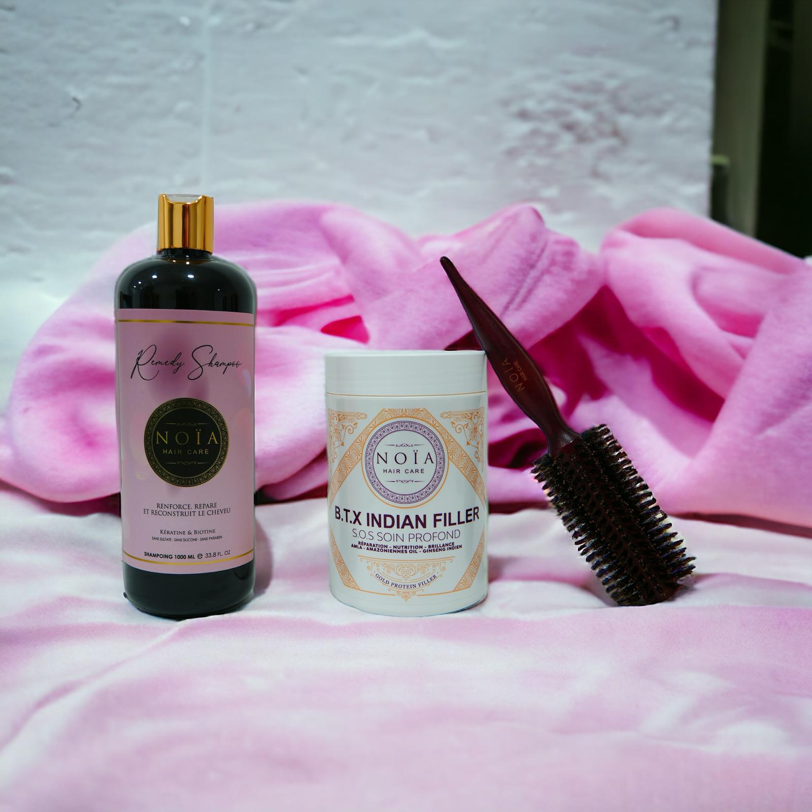 Combo shampoing Remedy 1L+ BTX Indian filler 1kg+ Brosse ronde brushing Noiahair FR