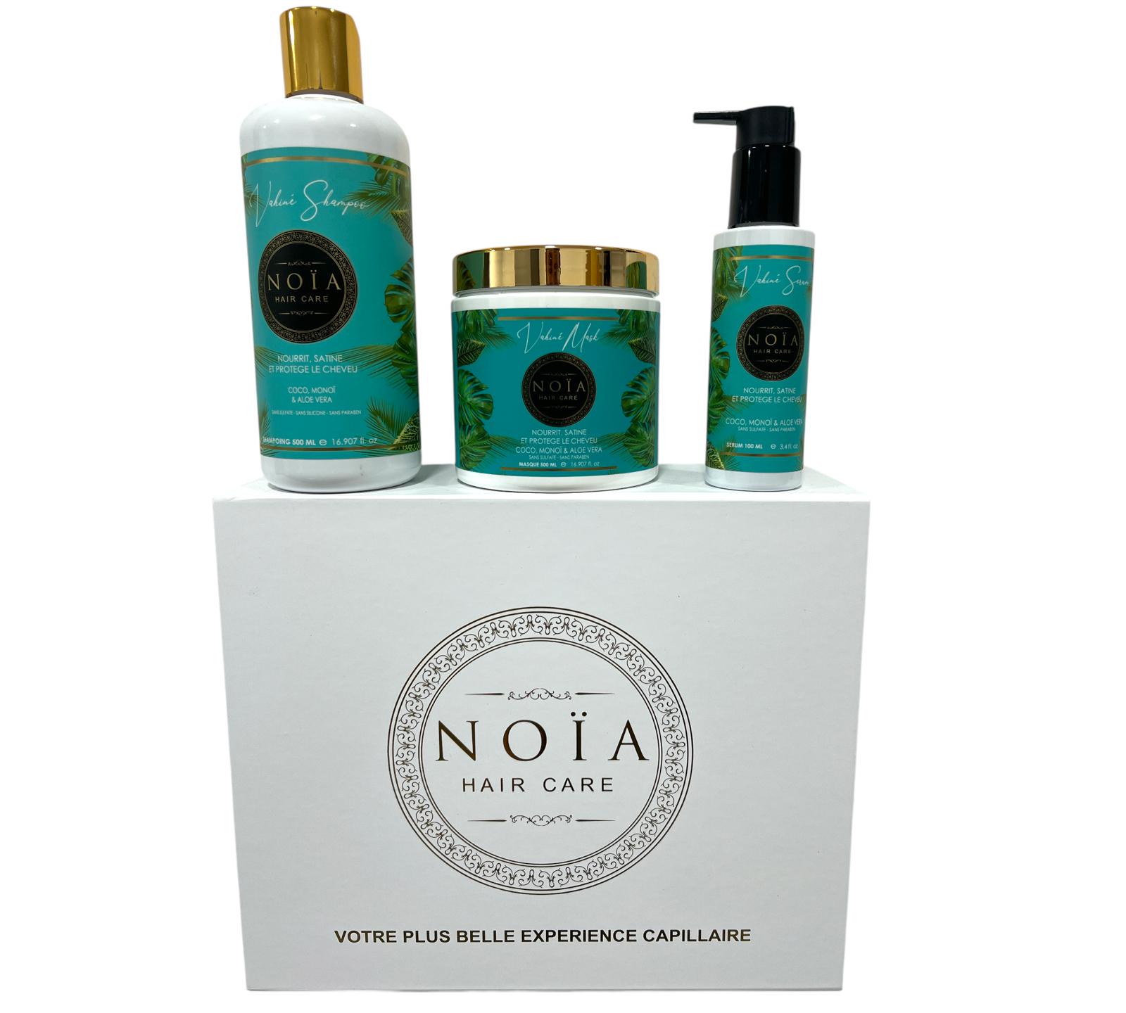 Coffret Cadeau - TRIO VAHINE à l'huile de Coco Shampoing 500ml + Masque 500ml + Sérum 100ml + Boite Prestige + Peigne ou Brosse Noiahair FR