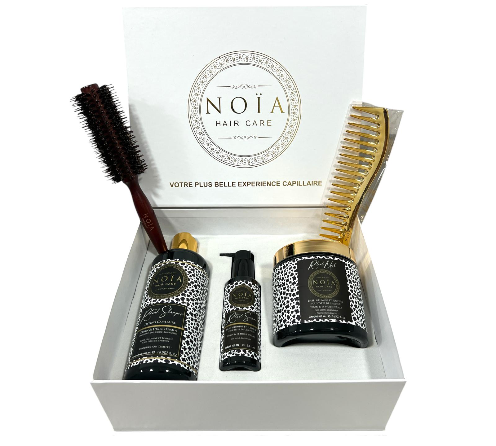Coffret Cadeau - TRIO RITUAL à l'huile d'Amla&Tanin Shampoing 500ml + Masque 500ml + Sérum 100ml + Boite Prestige + Peigne ou Brosse Noiahair FR