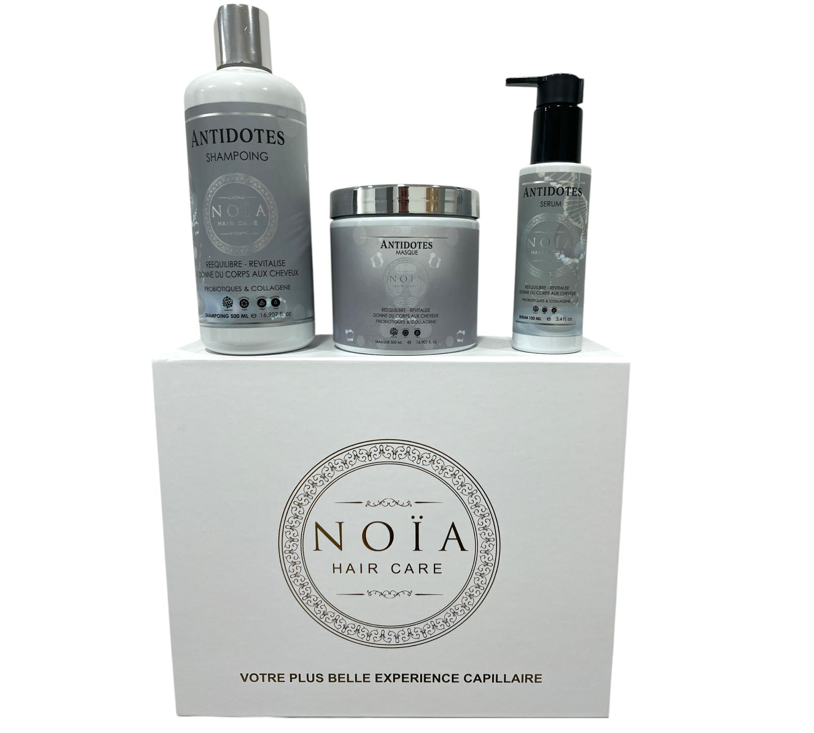 Coffret Cadeau - TRIO ANTIDOTES aux Probiotiques Shampoing 500ml + Masque 500ml + Sérum 100ml + Boite Prestige + Peigne ou Brosse Noiahair FR