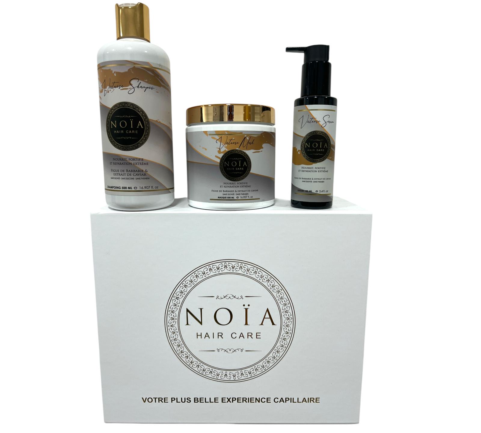 Coffret Cadeau - TRIO VIRTUOSE à La figue de Barbarie &Caviar Shampoing 500ml + Masque 500ml + Sérum 100ml + Boite Prestige + Peigne ou Brosse Noiahair FR