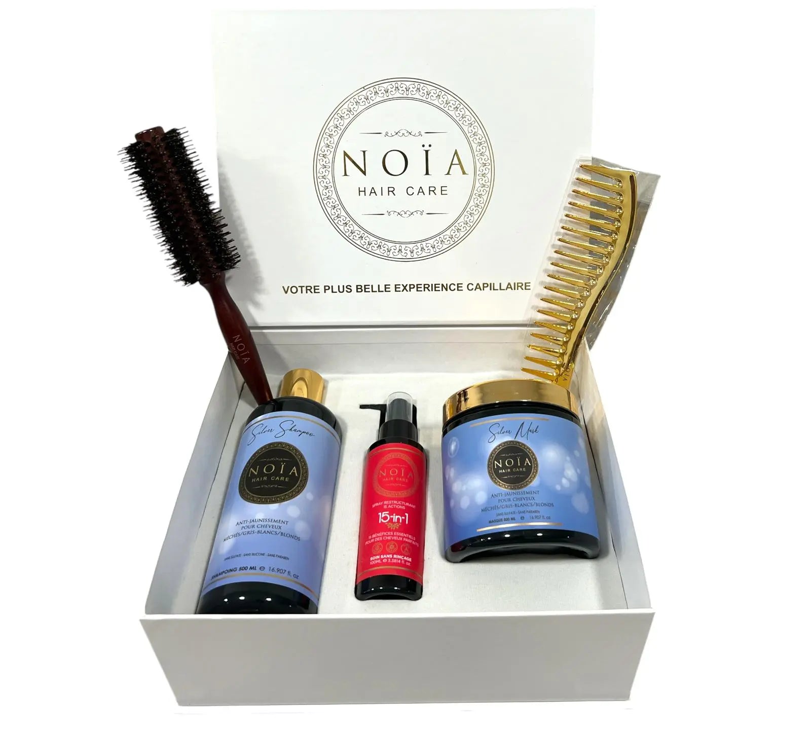 Coffret Cadeau - TRIO SILVER Anti jaunissement Shampoing 500ml + Masque 500ml + leave in 15en1 100ml + Boite Prestige + Peigne ou Brosse Noiahair FR