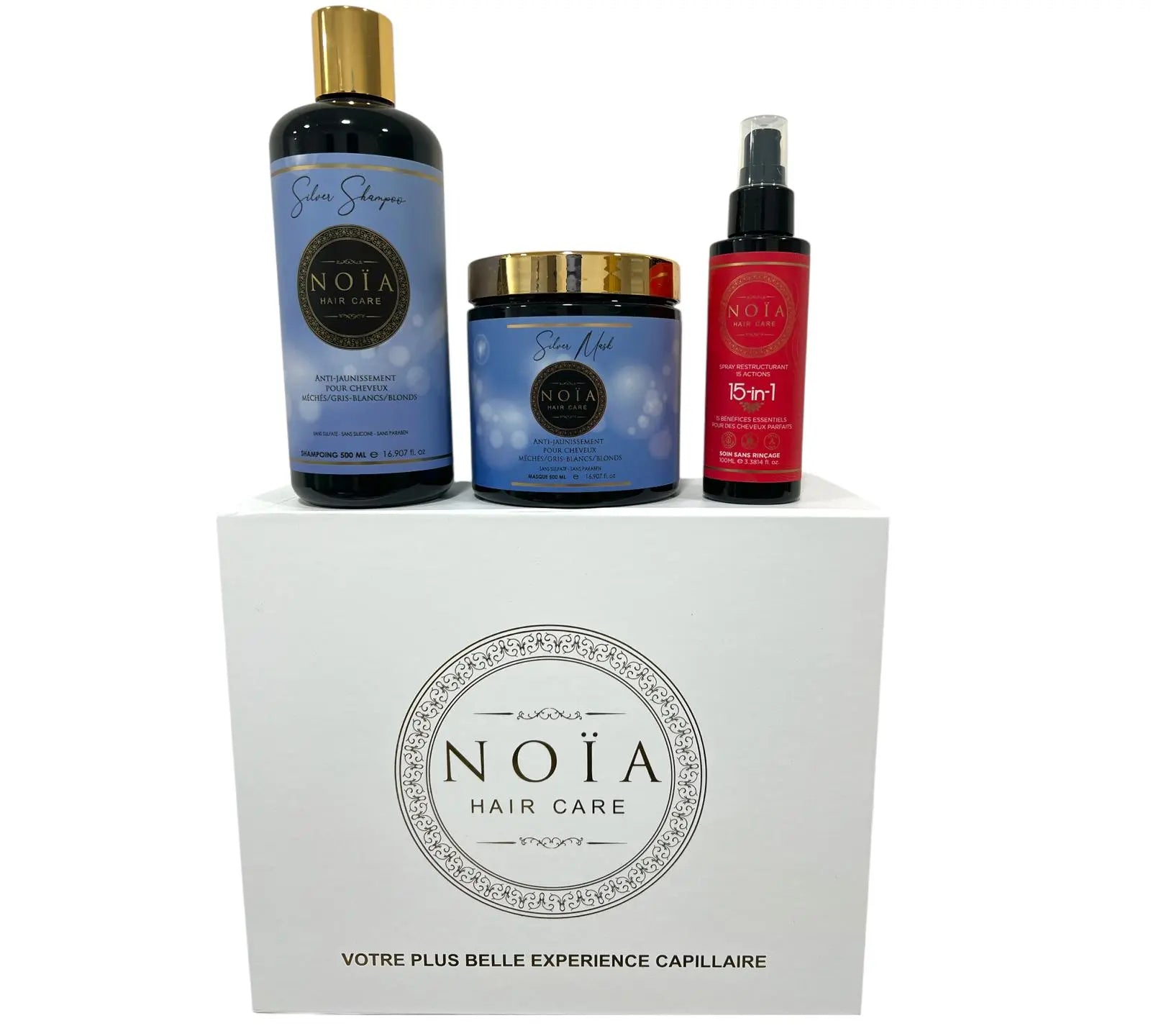 Coffret Cadeau - TRIO SILVER Anti jaunissement Shampoing 500ml + Masque 500ml + leave in 15en1 100ml + Boite Prestige + Peigne ou Brosse Noiahair FR