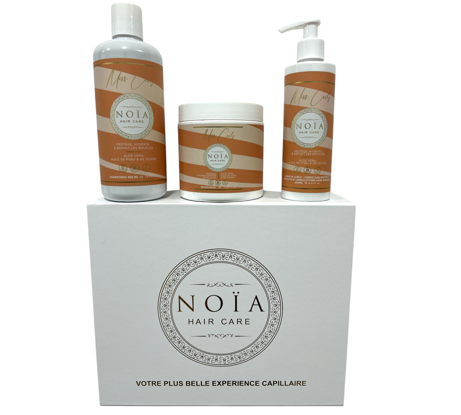 Coffret Cadeau - TRIO MISS CURLY à l'aloé vera ,huile de Piqui Shampoing 500ml + Masque 500ml + creme de boucles 250ml + Boite Prestige + Peigne ou Brosse Noiahair FR