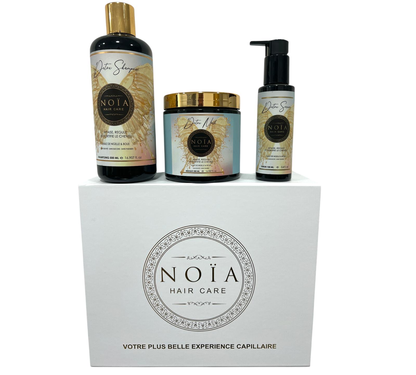 Coffret Cadeau - TRIO DETOX à l'huile de Nigelle Shampoing 500ml + Masque 500ml + Sérum 100ml + Boite Prestige + Peigne ou Brosse Noiahair FR