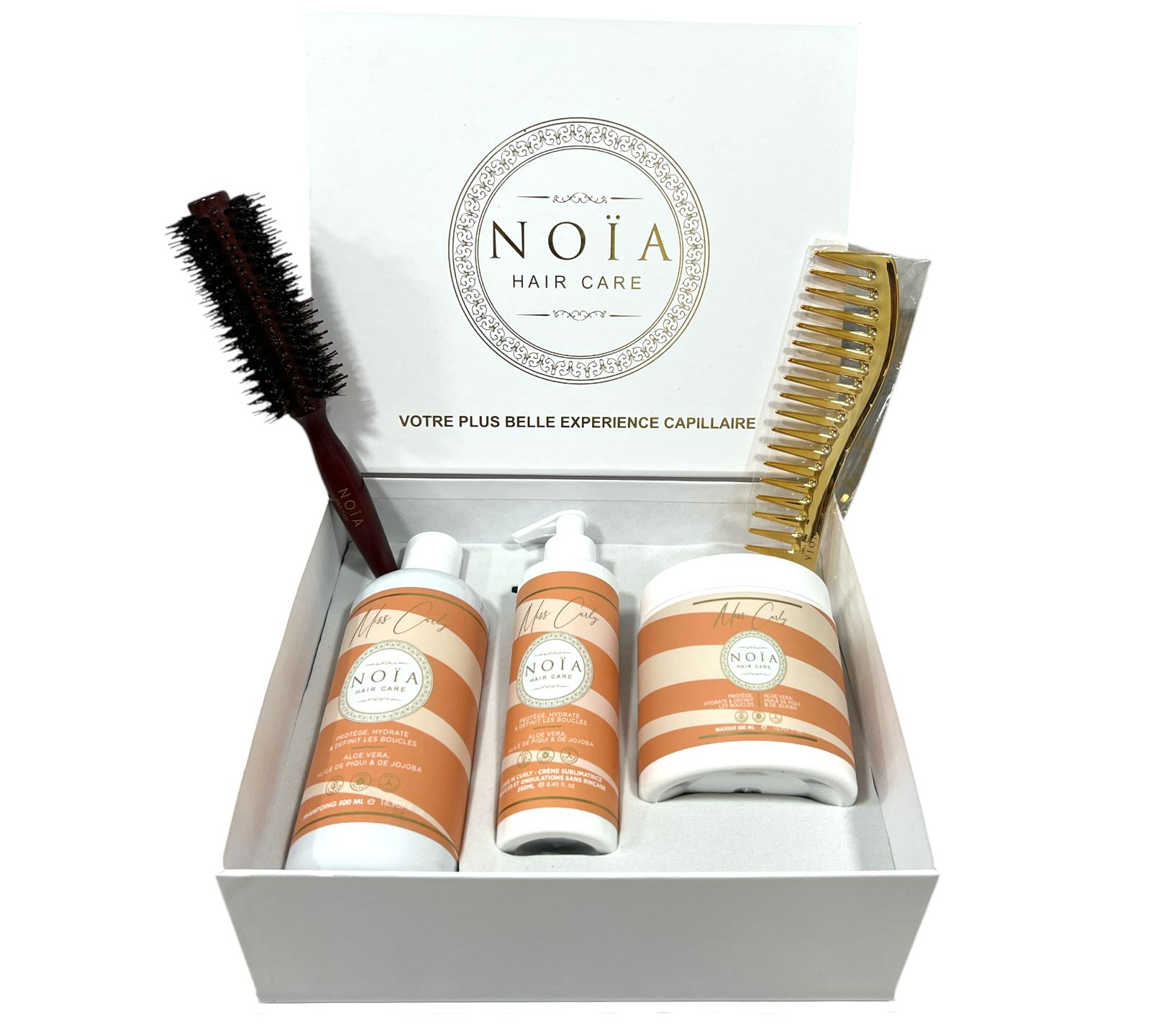 Coffret Cadeau - TRIO MISS CURLY à l'aloé vera ,huile de Piqui Shampoing 500ml + Masque 500ml + creme de boucles 250ml + Boite Prestige + Peigne ou Brosse Noiahair FR