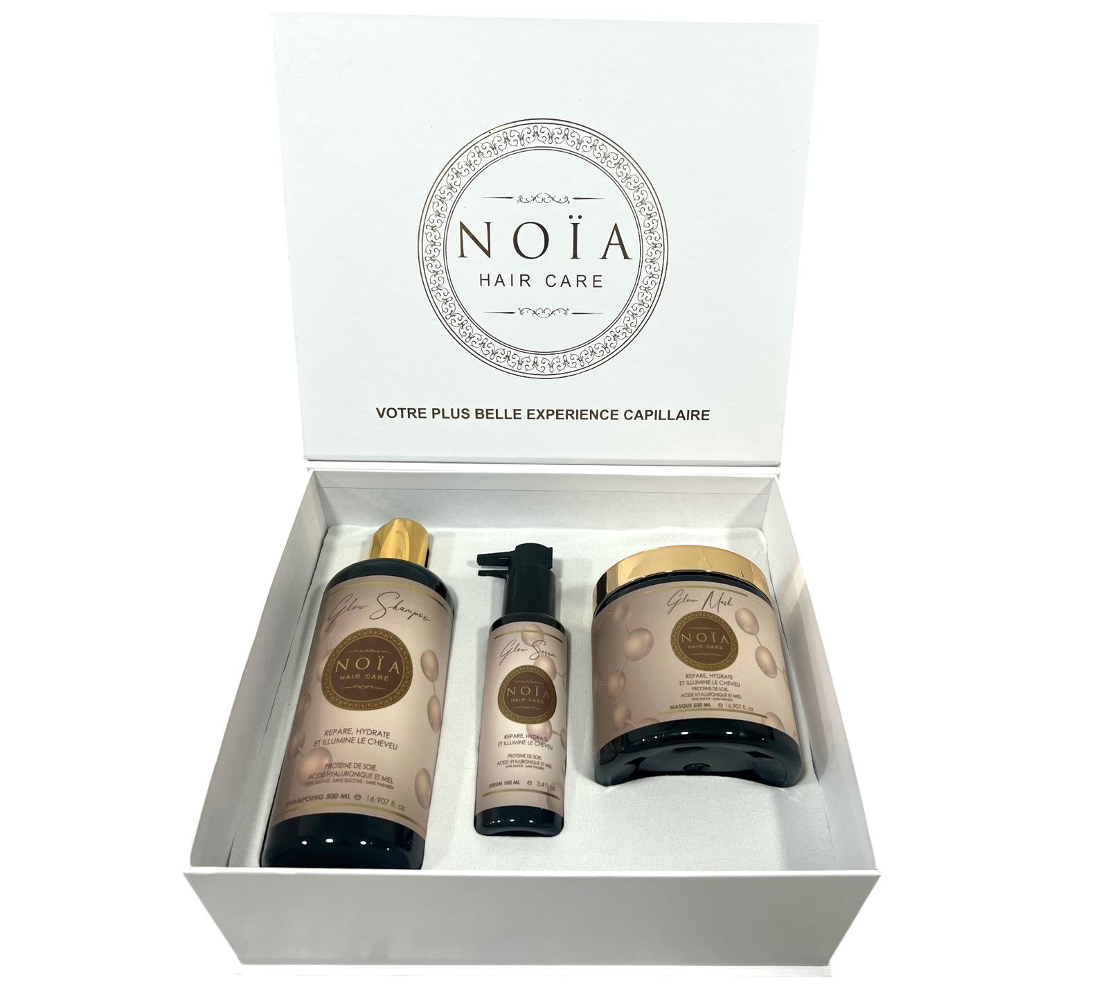 Coffret Cadeau - TRIO GLOW à la protéine de soie Shampoing 500ml + Masque 500ml + Sérum 100ml + Boite Prestige + peigne ou brosse aléatoire Noiahair FR