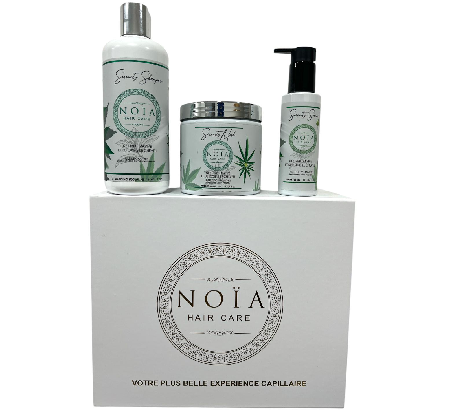 Coffret Cadeau - TRIO SERENITY à l'huile de Chanvre Shampoing 500ml + Masque 500ml + Sérum 100ml + Boite Prestige + peigne ou brosse Noiahair FR