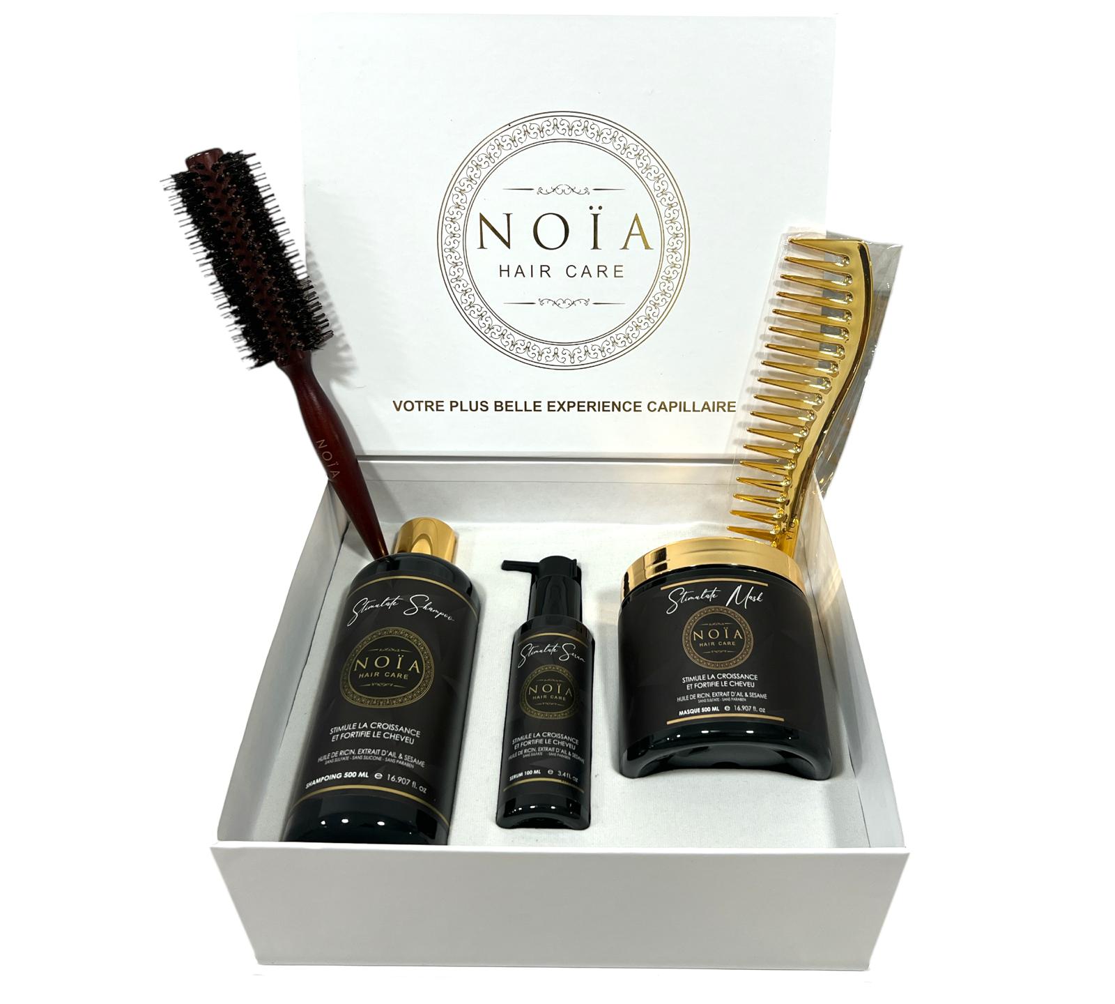 Coffret Cadeau - TRIO STIMULATE à l'huile de ricin Shampoing 500ml + Masque 500ml + Sérum 100ml + Boite Prestige + peigne ou brosse Noiahair FR
