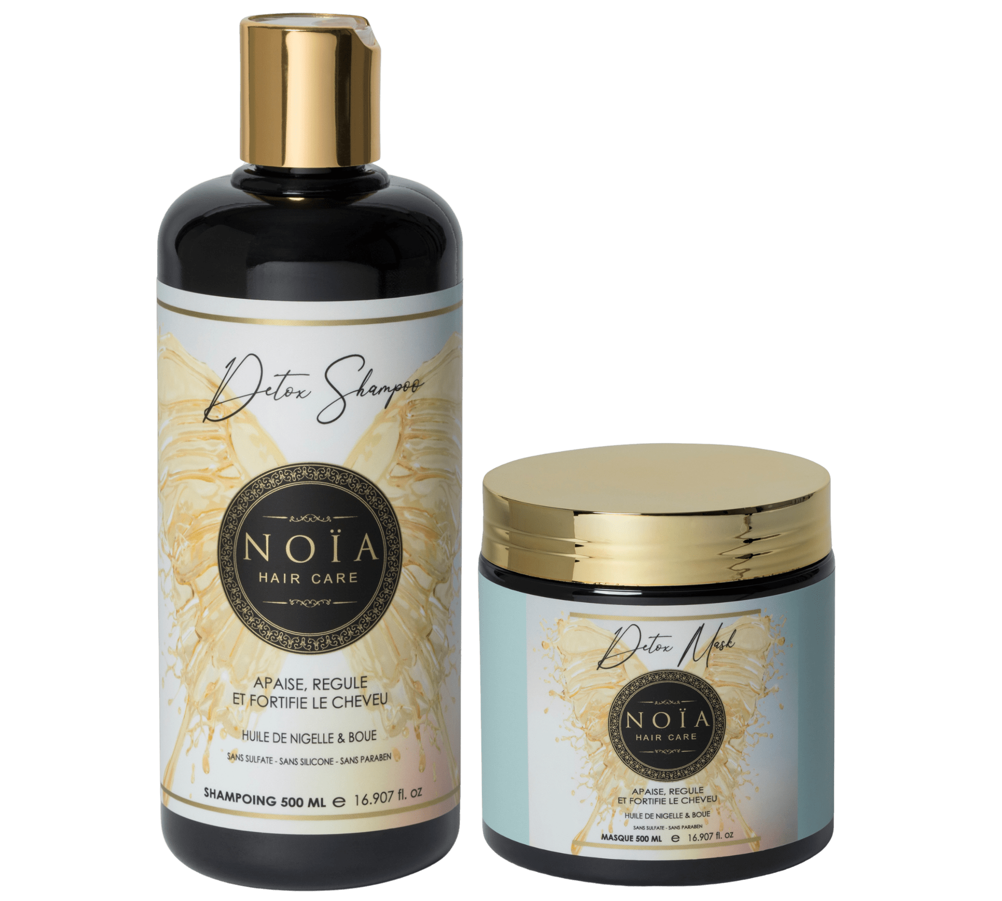 Routine Capillaire DUO Noïa Hair Care : La Gamme DETOX - Votre Bouclier Naturel - Pack DUO Shampoing + Masque Huile de nigelle & Boue Noiahair FR