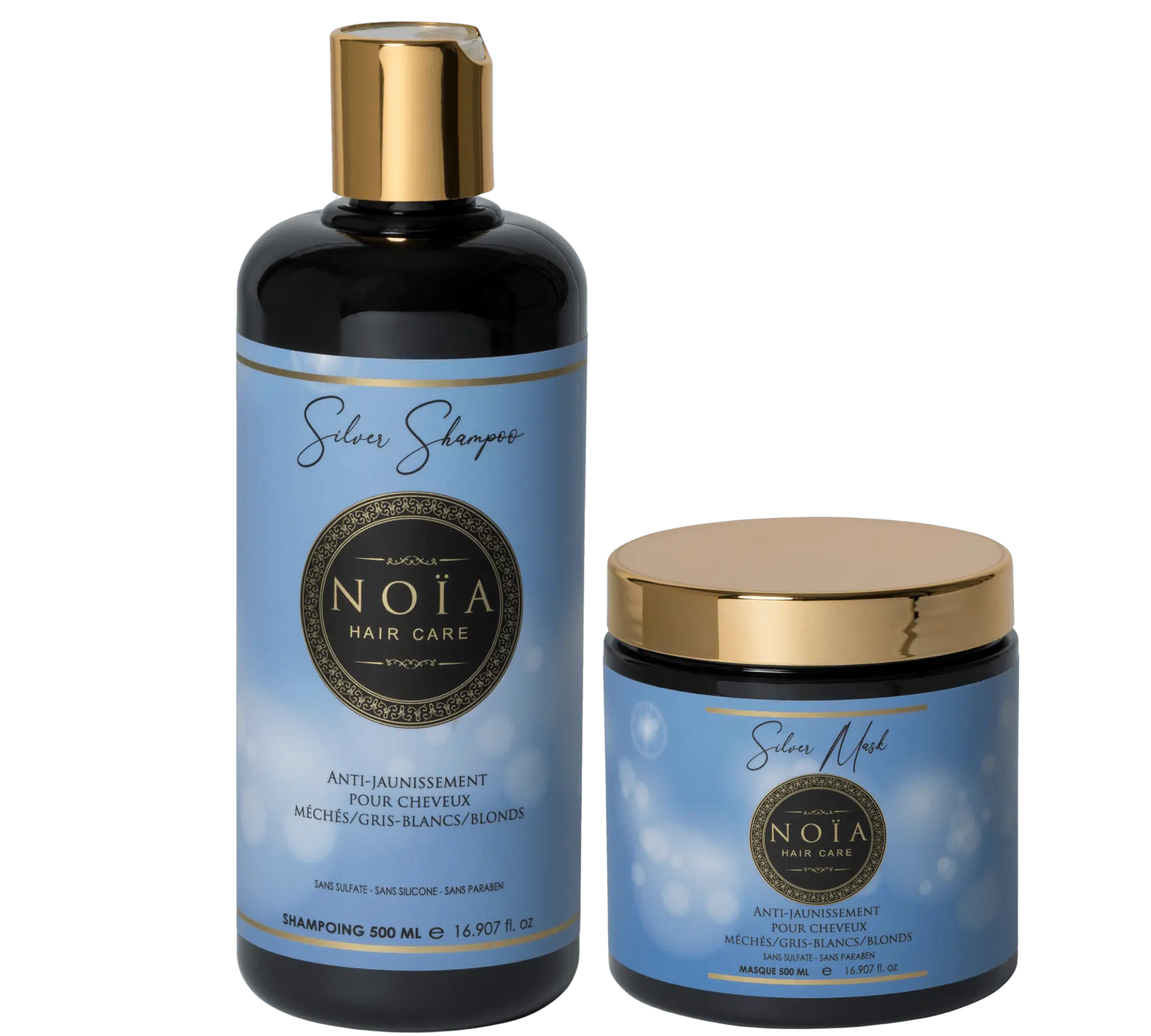 Routine Capillaire DUO Silver  : La Solution Anti-Jaunissement Complète pour les Cheveux Blonds - Shampoing+Masque Noiahair FR