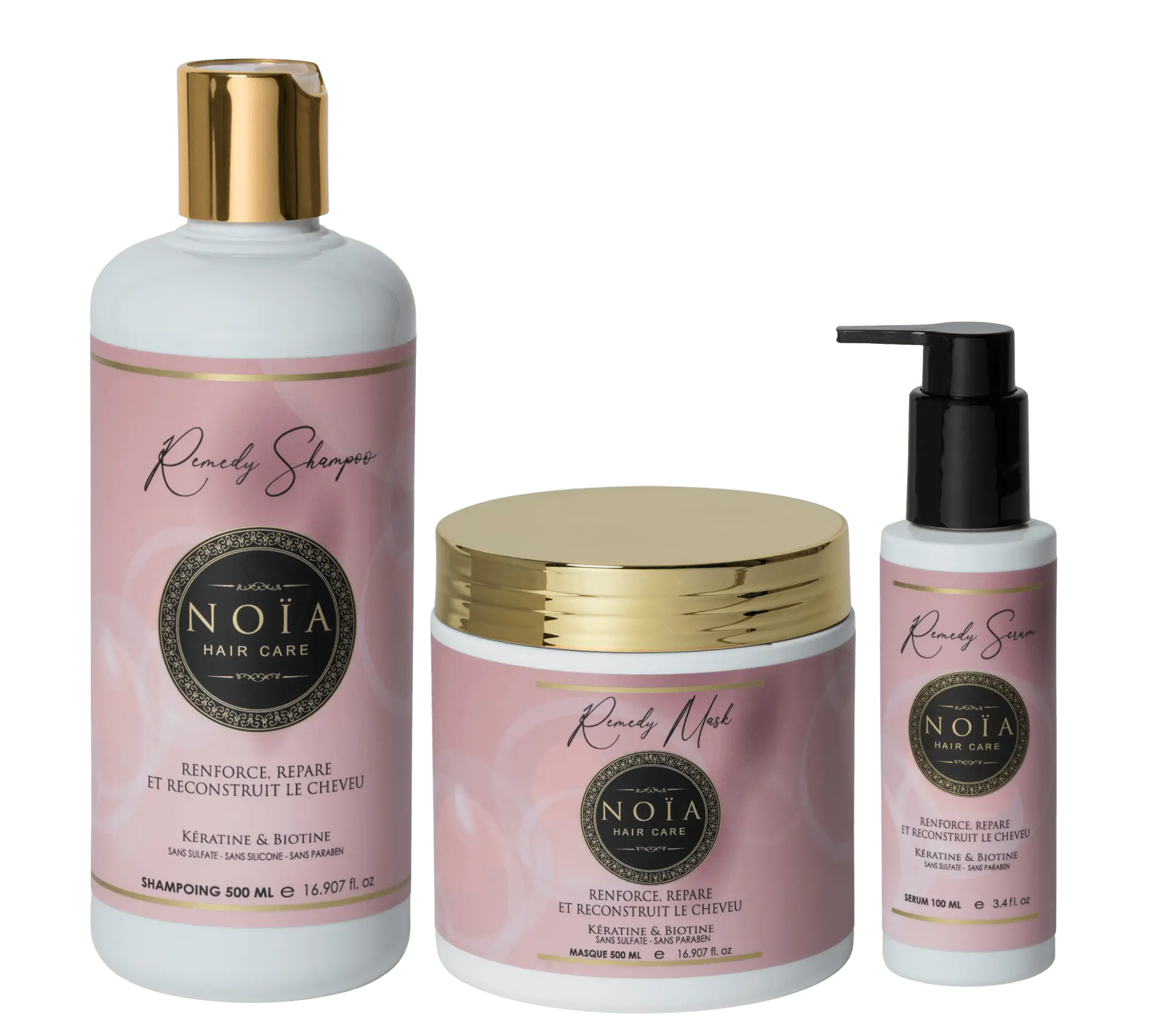 Routine Capillaire REMEDY de Noïa Hair Care : La Renaissance Capillaire - Pack Trio Shampoing + Masque + Sérum Kératine & Biotine Noiahair FR