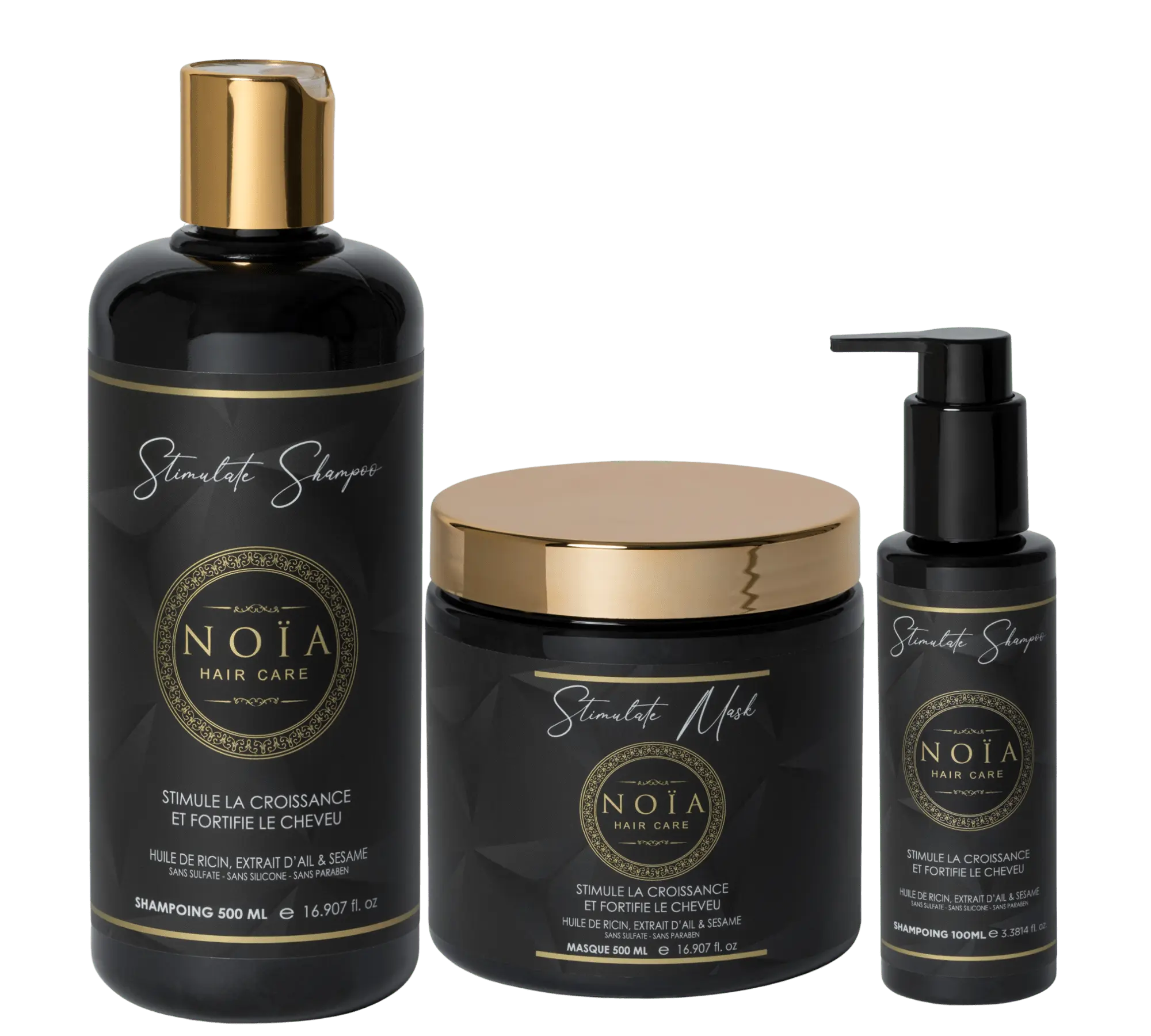 Routine Capillaire TRIO Stimulate de Noïa Haircare : Croissance & Force - Shampoing + Masque + Sérum - Huile de Ricin & Sésame et extrait d'ail Noiahair FR