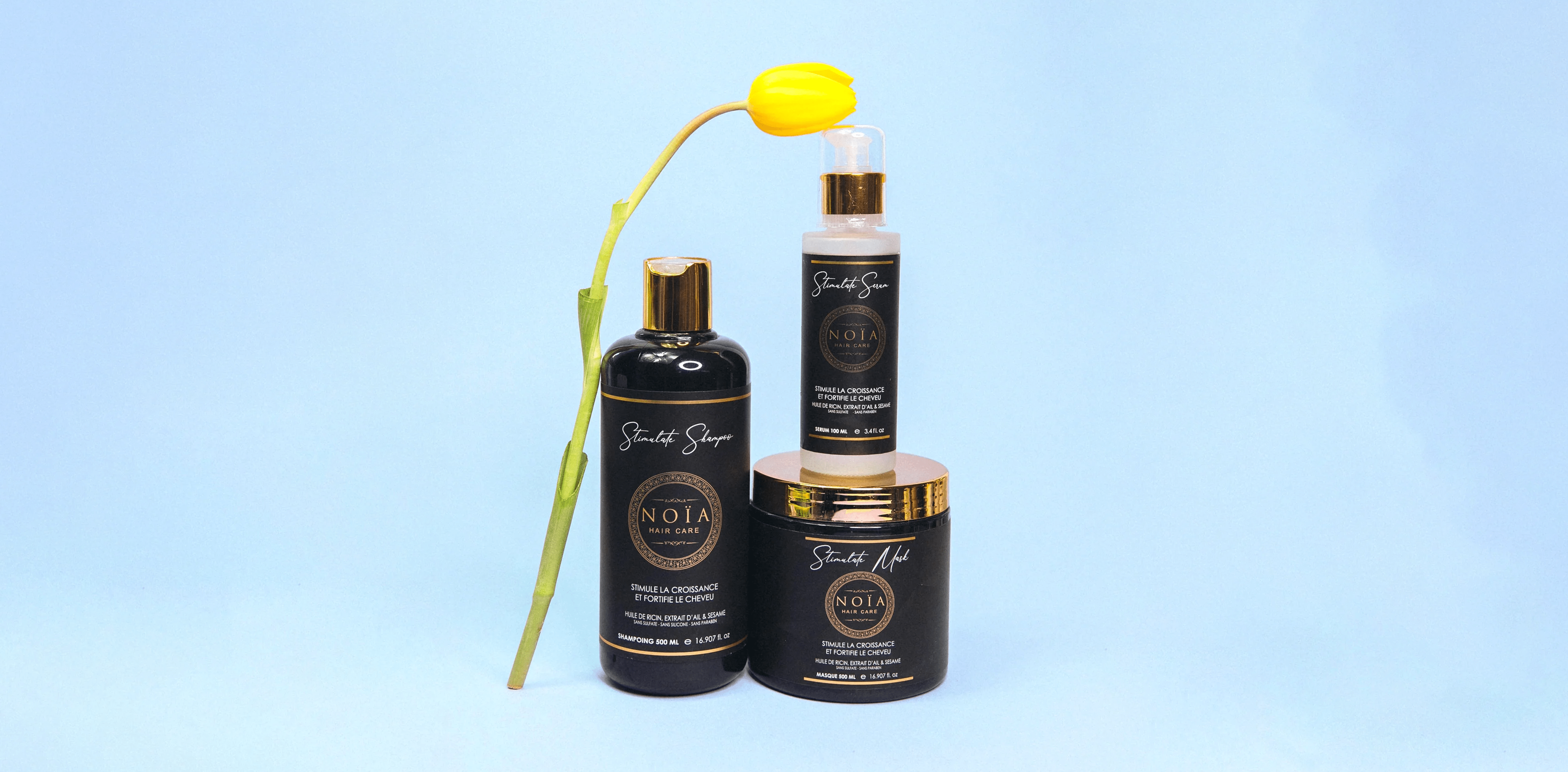 Coffret Cadeau - TRIO STIMULATE  à l'huile de ricin Shampoing 500ml + Masque 500ml + Sérum 100ml + Boite Prestige + peigne ou brosse Noiahair FR