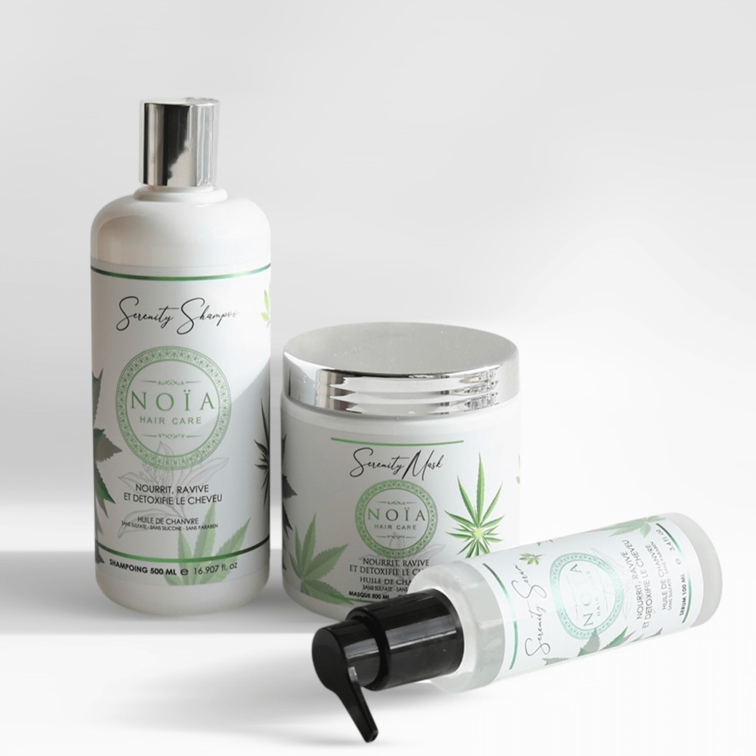 Coffret Cadeau - TRIO SERENITY à l'huile de Chanvre Shampoing 500ml + Masque 500ml + Sérum 100ml + Boite Prestige + peigne ou brosse Noiahair FR