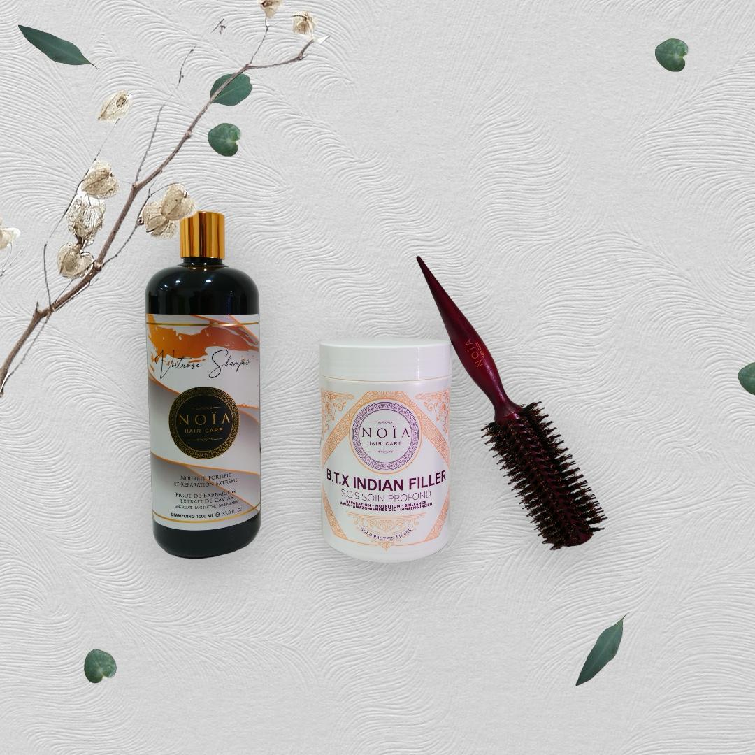 Combo shampoing Virtuose 1L+ BTX Indian filler 1kg+ Brosse ronde brushing Noiahair FR