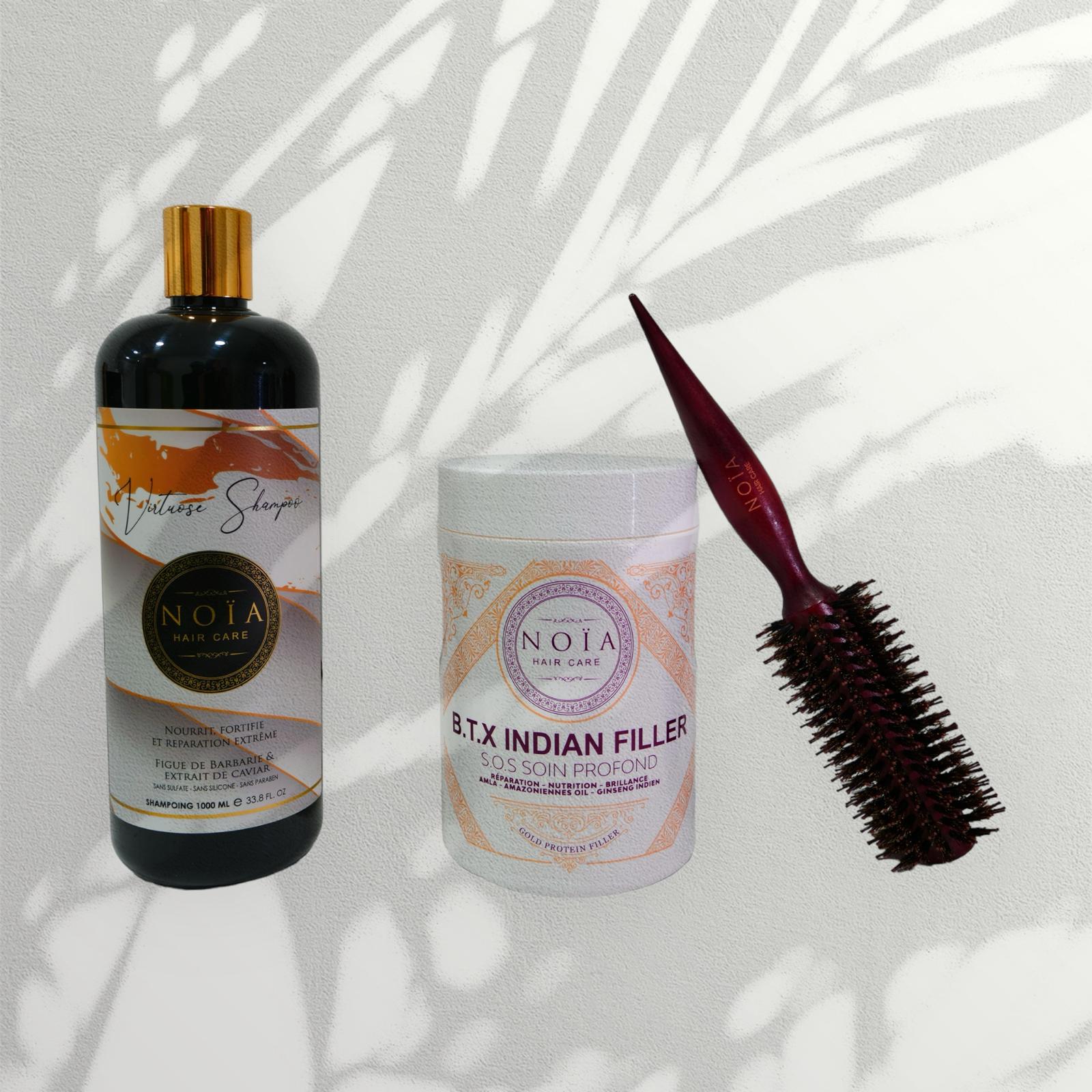 Combo shampoing Virtuose 1L+ BTX Indian filler 1kg+ Brosse ronde brushing Noiahair FR