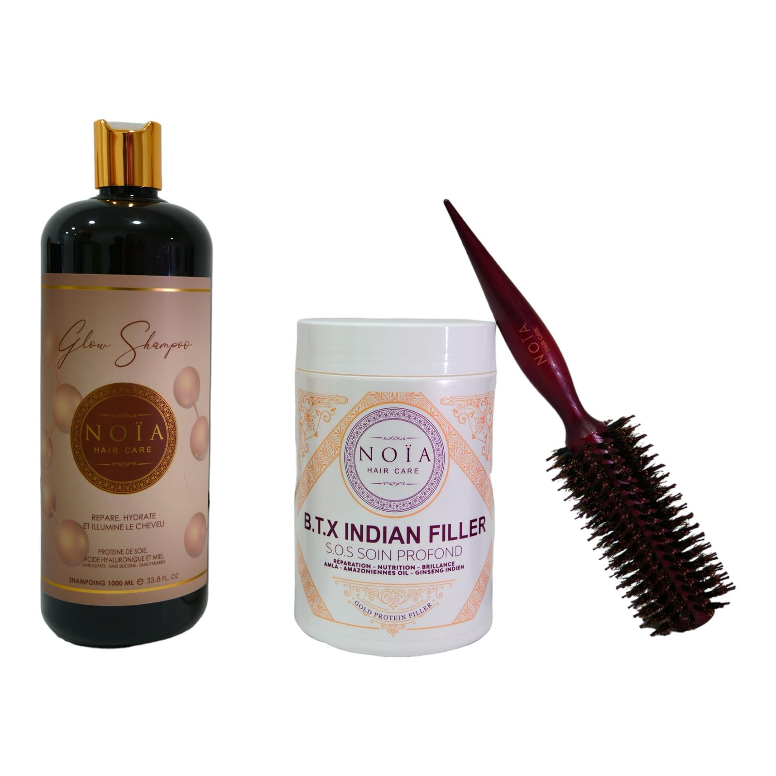 Combo shampoing Glow 1L+ BTX Indian filler 1kg+ Brosse ronde brushing Noiahair FR