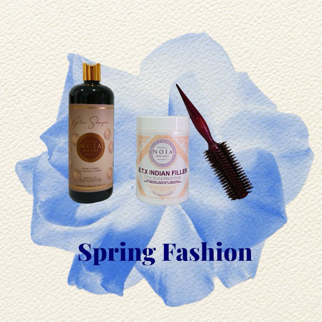 Combo shampoing Glow 1L+ BTX Indian filler 1kg+ Brosse ronde brushing Noiahair FR