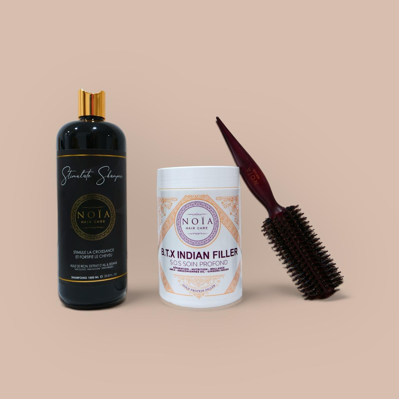 Combo shampoing Stimulate 1L+ BTX Indian filler 1kg+ Brosse ronde brushing Noiahair FR