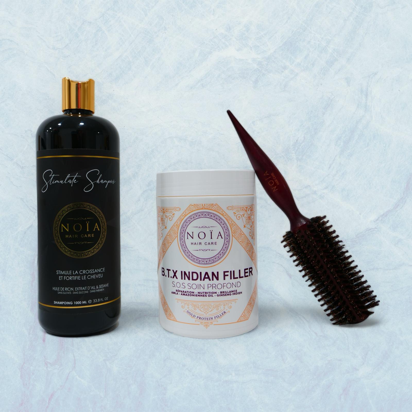 Combo shampoing Stimulate 1L+ BTX Indian filler 1kg+ Brosse ronde brushing Noiahair FR
