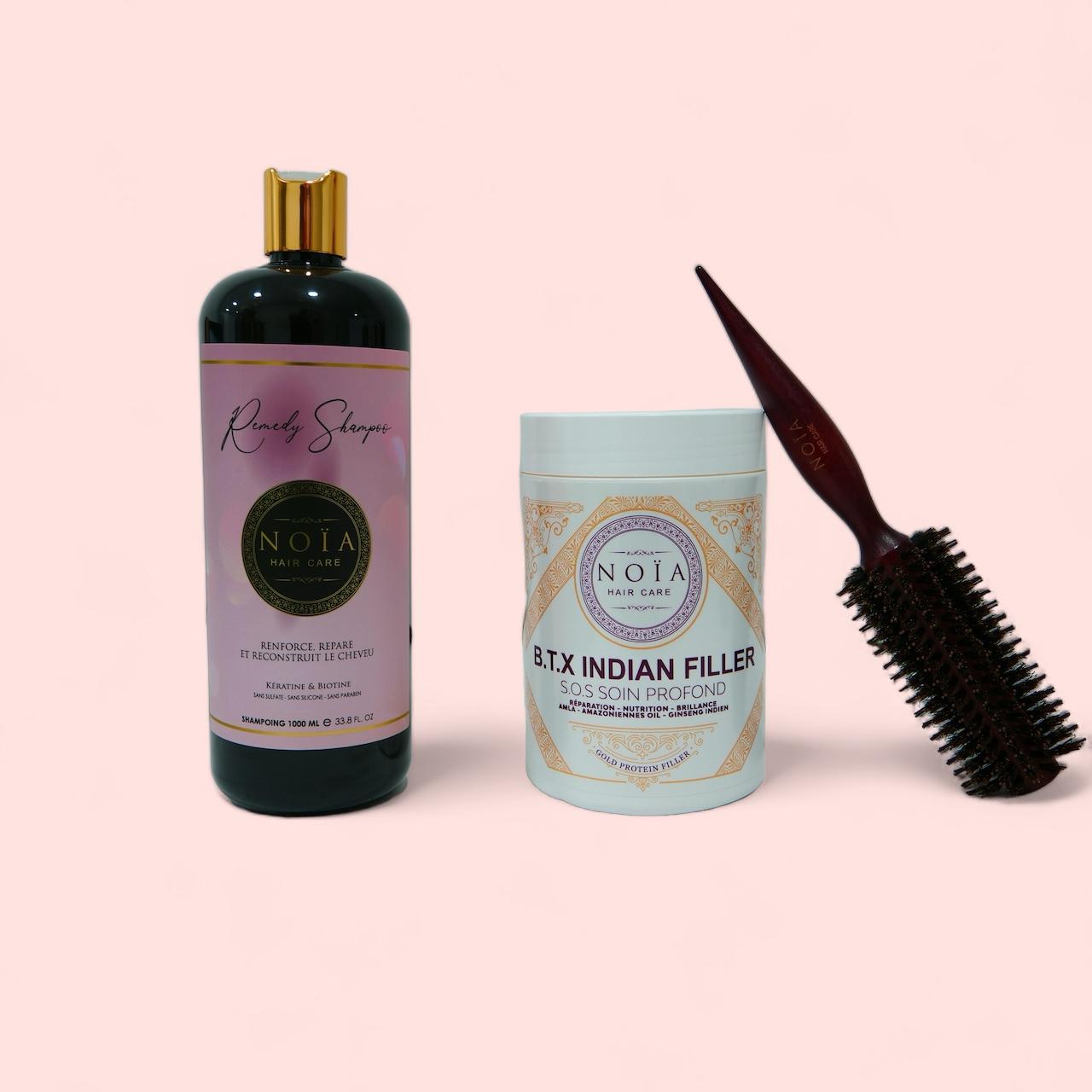 Combo shampoing Remedy 1L+ BTX Indian filler 1kg+ Brosse ronde brushing Noiahair FR