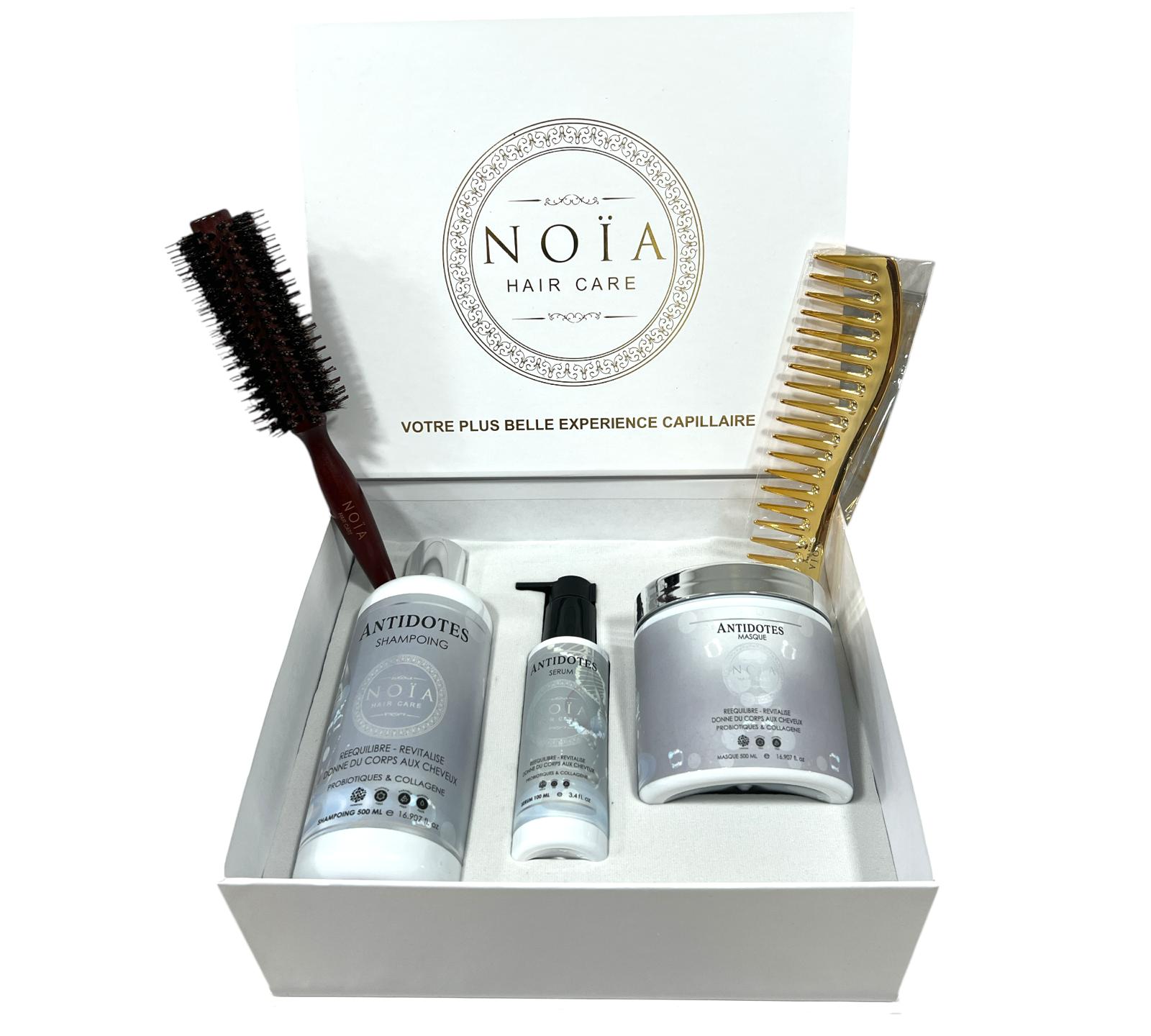 Coffret Cadeau - TRIO ANTIDOTES aux Probiotiques Shampoing 500ml + Masque 500ml + Sérum 100ml + Boite Prestige + Peigne ou Brosse Noiahair FR