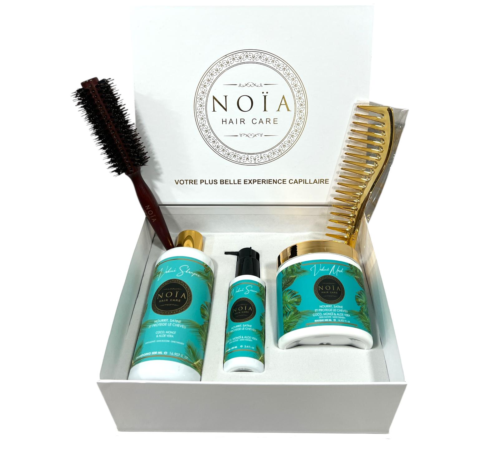 Coffret Cadeau - TRIO VAHINE à l'huile de Coco Shampoing 500ml + Masque 500ml + Sérum 100ml + Boite Prestige + Peigne ou Brosse Noiahair FR