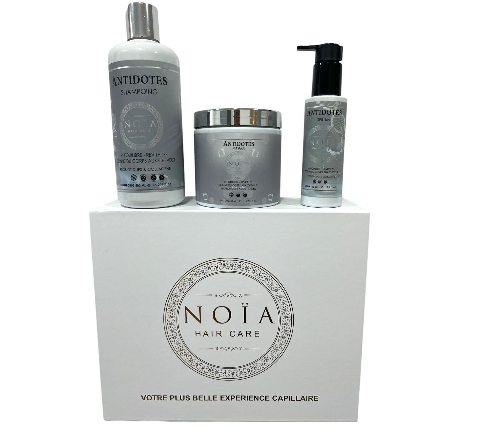 Coffret Cadeau - TRIO ANTIDOTES aux Probiotiques Shampoing 500ml + Masque 500ml + Sérum 100ml + Boite Prestige + Peigne ou Brosse Noiahair FR