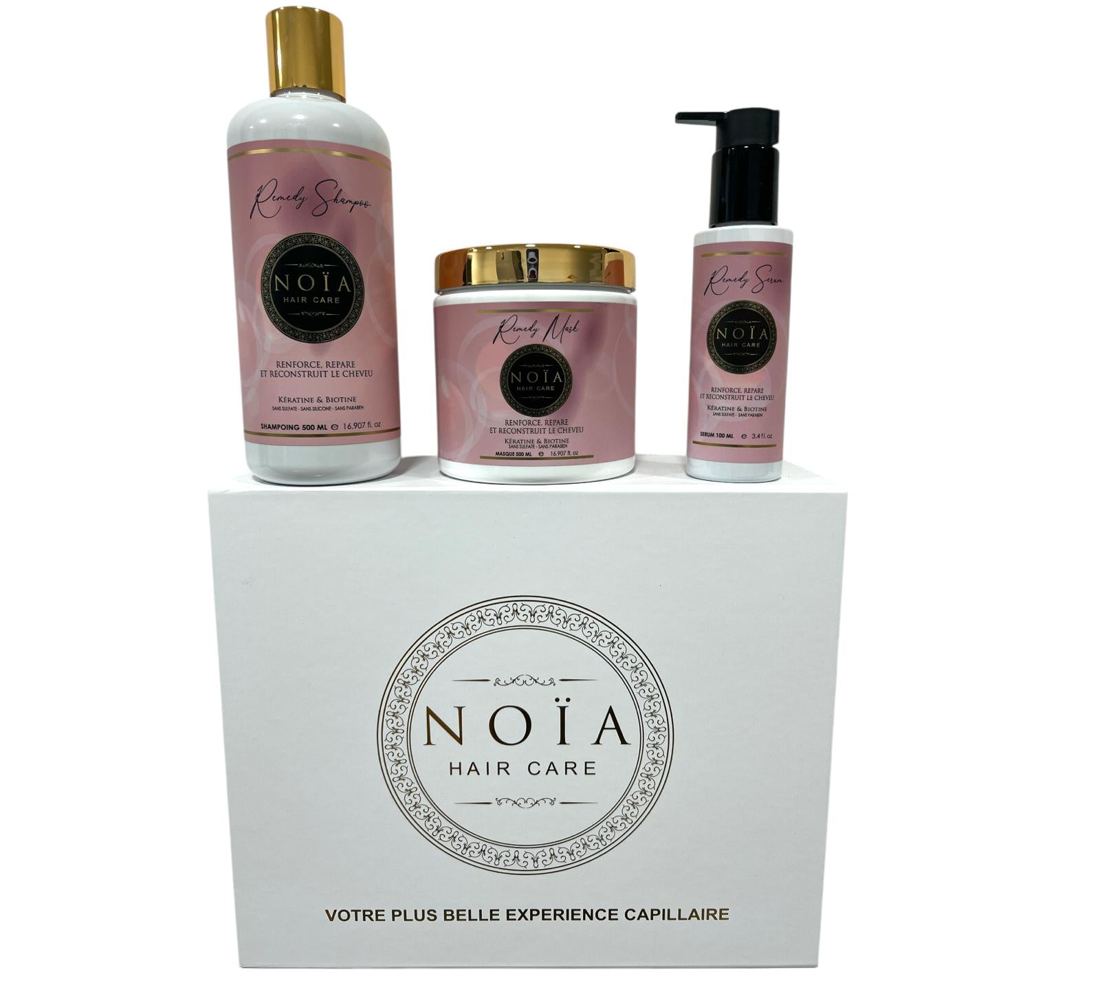 Coffret Cadeau - TRIO REMEDY à la Biotine & Kératine Shampoing 500ml + Masque 500ml + Sérum 100ml + Boite Prestige + Peigne ou Brosse Noiahair FR
