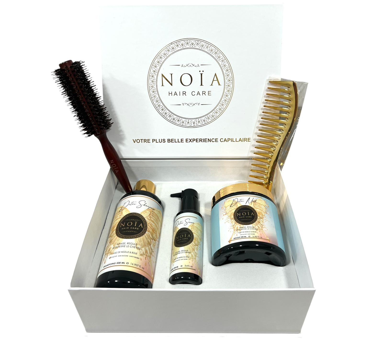 Coffret Cadeau - TRIO DETOX à l'huile de Nigelle Shampoing 500ml + Masque 500ml + Sérum 100ml + Boite Prestige + Peigne ou Brosse Noiahair FR