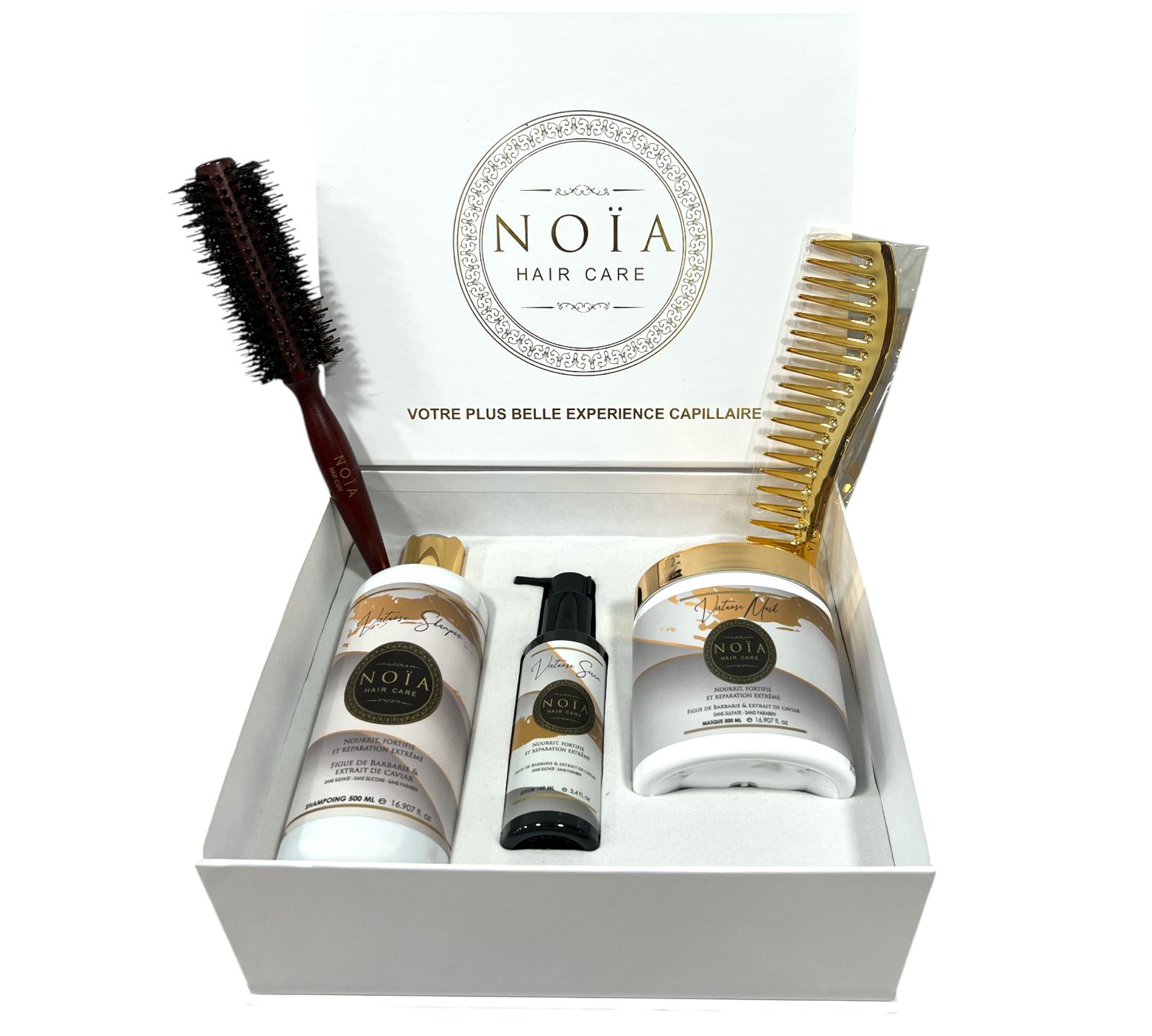 Coffret Cadeau - TRIO VIRTUOSE à La figue de Barbarie &Caviar Shampoing 500ml + Masque 500ml + Sérum 100ml + Boite Prestige + Peigne ou Brosse Noiahair FR