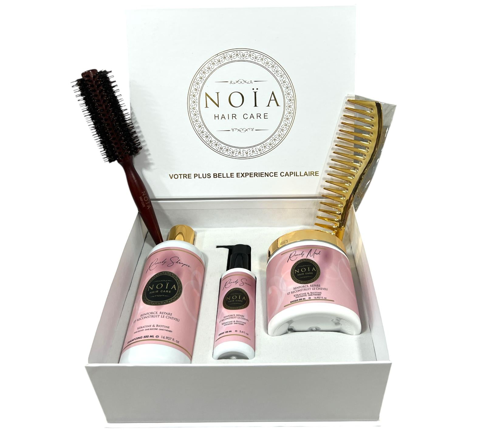 Coffret Cadeau - TRIO REMEDY à la Biotine & Kératine Shampoing 500ml + Masque 500ml + Sérum 100ml + Boite Prestige + Peigne ou Brosse Noiahair FR