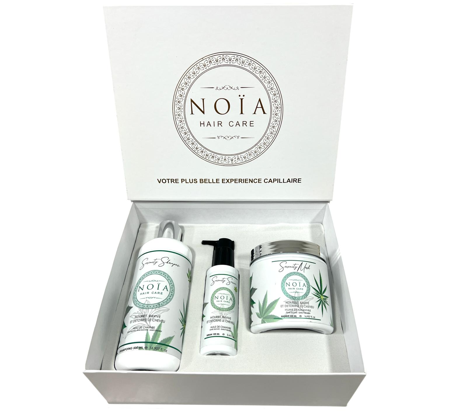 Coffret Cadeau - TRIO SERENITY à l'huile de Chanvre Shampoing 500ml + Masque 500ml + Sérum 100ml + Boite Prestige + peigne ou brosse Noiahair FR