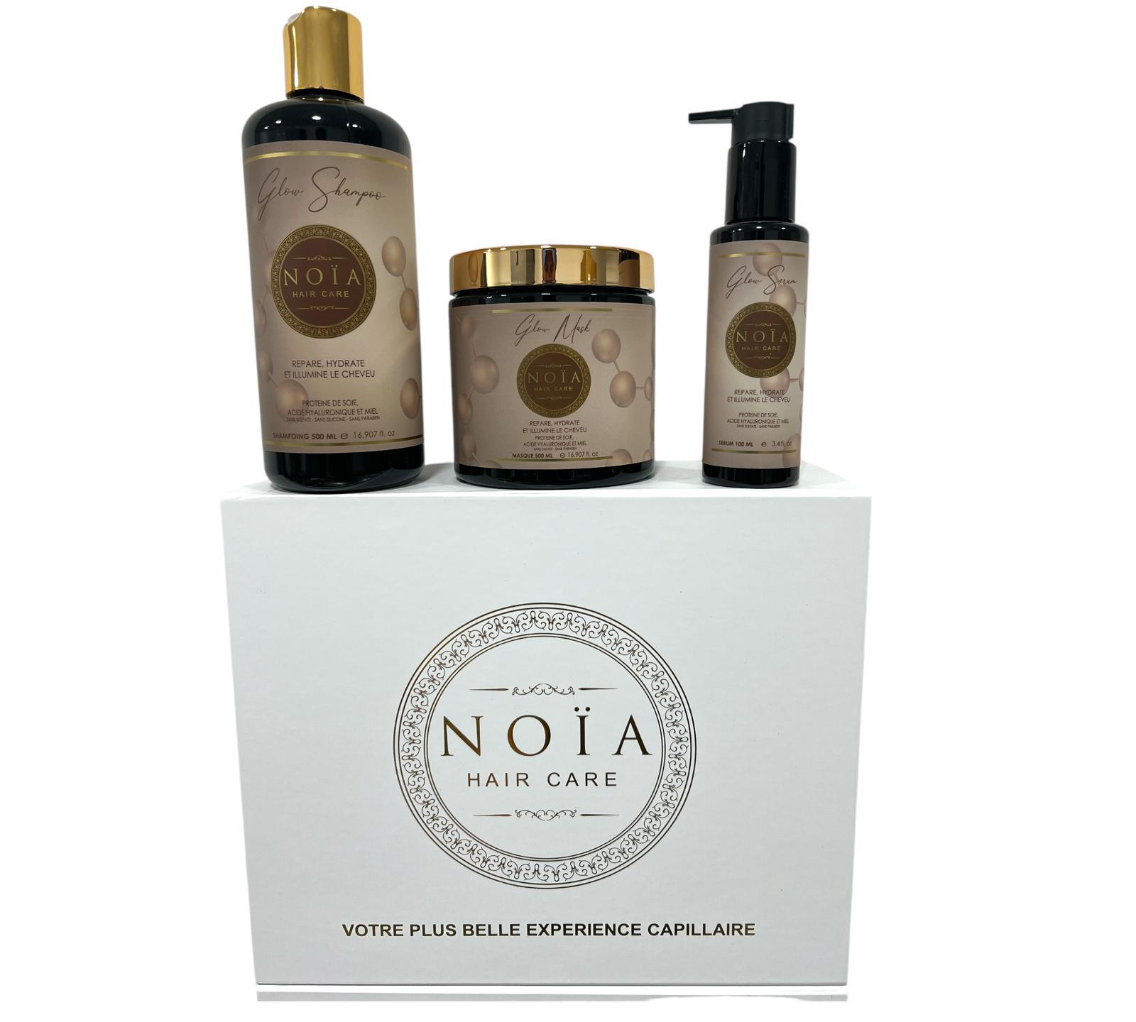 Coffret Cadeau - TRIO GLOW à la protéine de soie Shampoing 500ml + Masque 500ml + Sérum 100ml + Boite Prestige + peigne ou brosse aléatoire Noiahair FR
