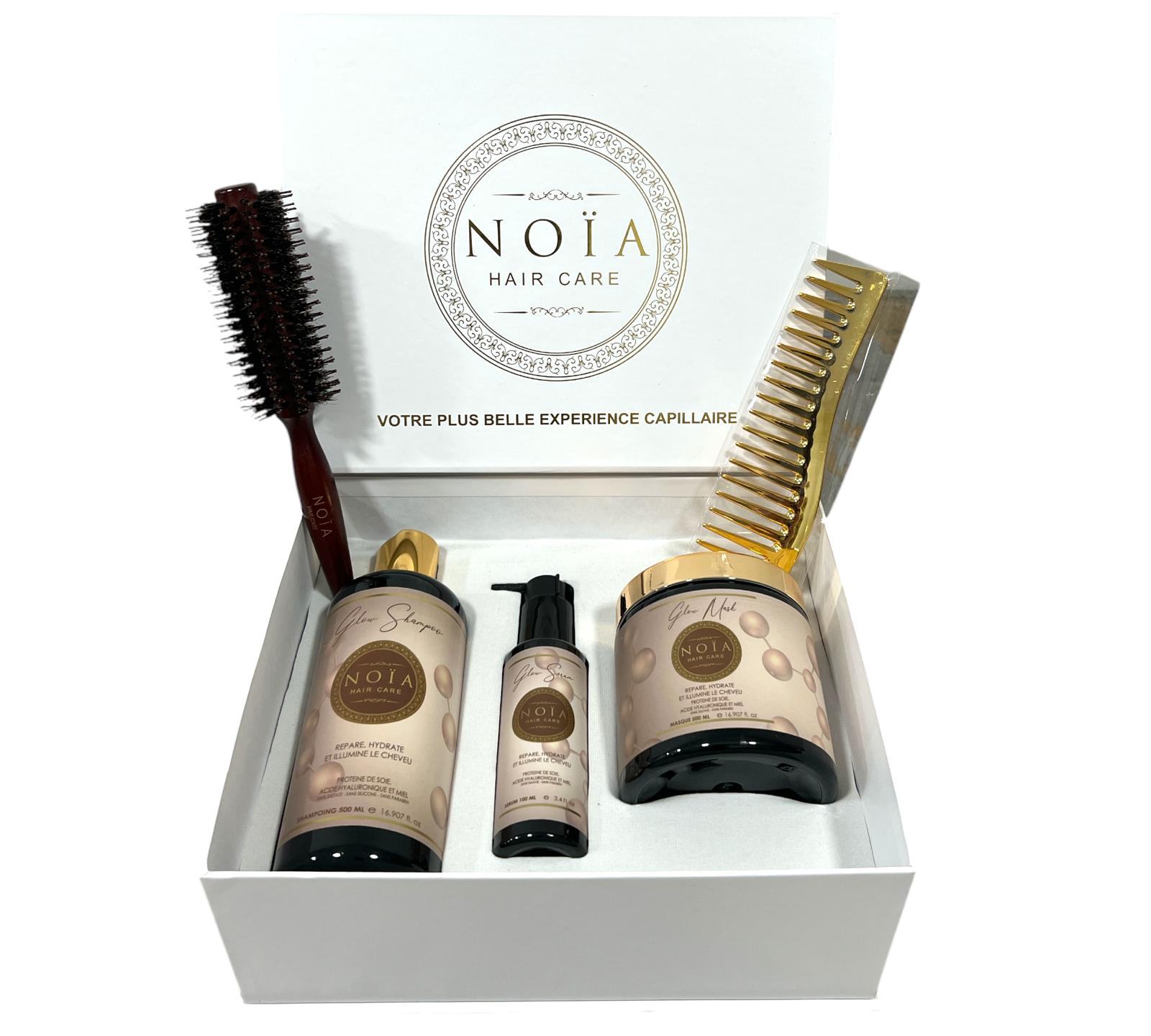 Coffret Cadeau - TRIO GLOW à la protéine de soie Shampoing 500ml + Masque 500ml + Sérum 100ml + Boite Prestige + peigne ou brosse aléatoire Noiahair FR