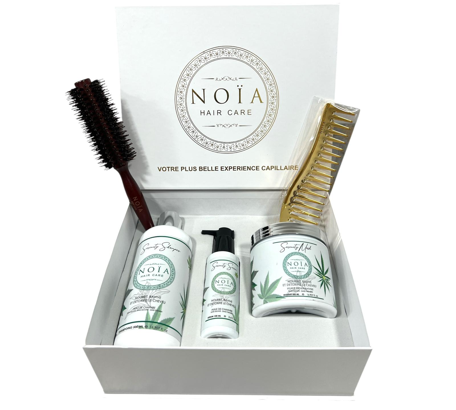 Coffret Cadeau - TRIO SERENITY à l'huile de Chanvre Shampoing 500ml + Masque 500ml + Sérum 100ml + Boite Prestige + peigne ou brosse Noiahair FR