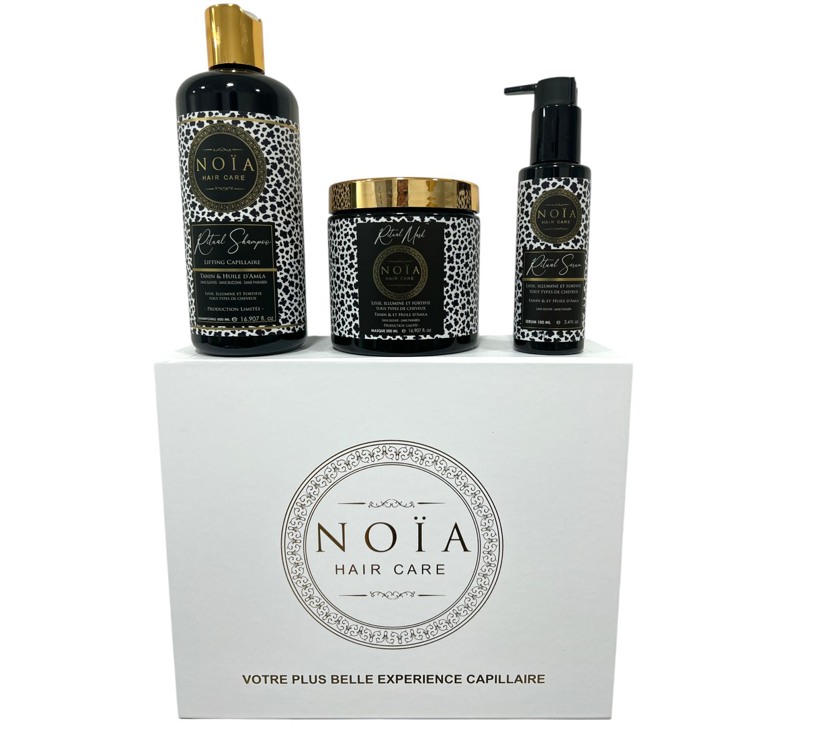 Coffret Cadeau - TRIO RITUAL à l'huile d'Amla&Tanin Shampoing 500ml + Masque 500ml + Sérum 100ml + Boite Prestige + Peigne ou Brosse Noiahair FR