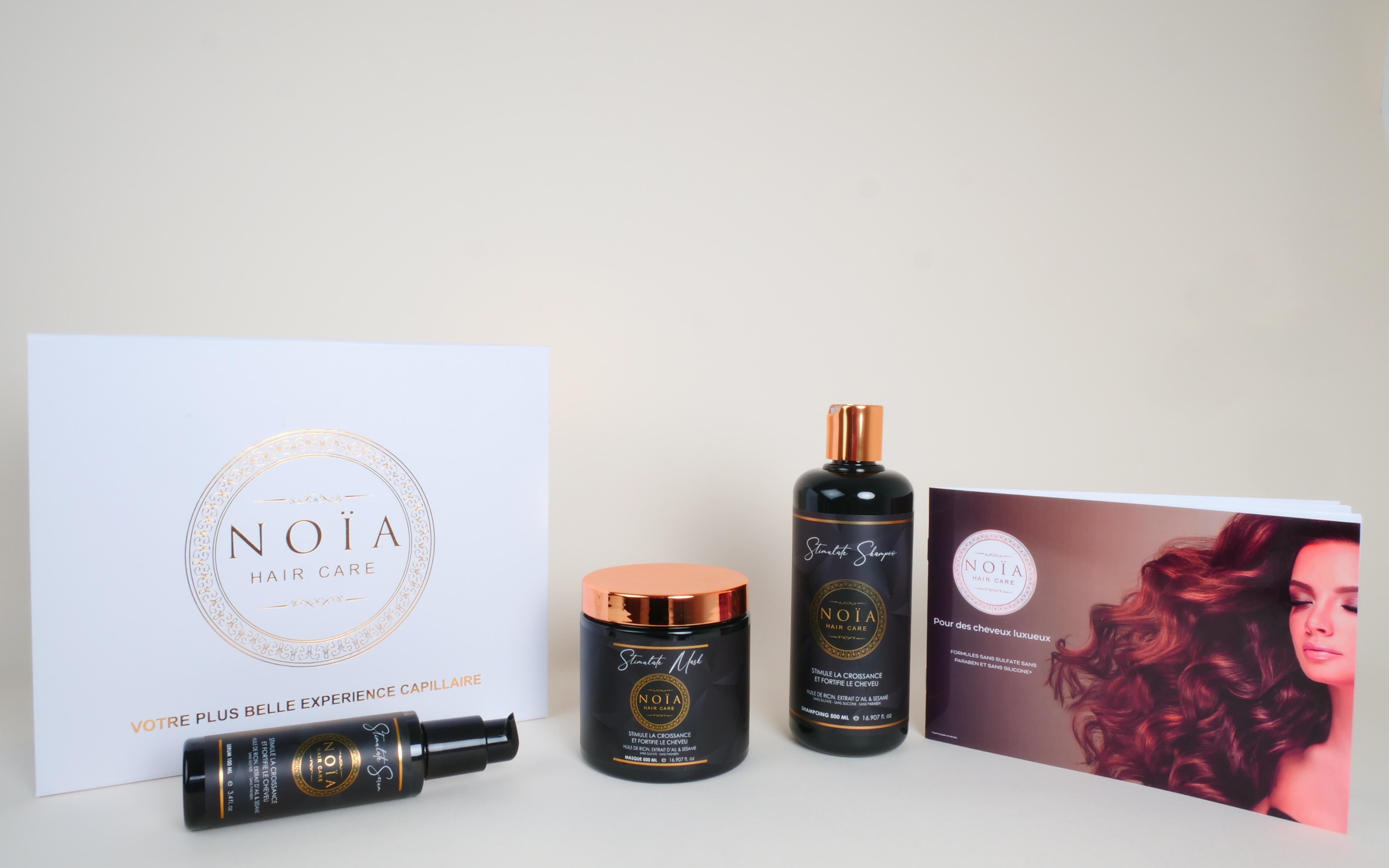 Coffret Cadeau - TRIO STIMULATE  à l'huile de ricin Shampoing 500ml + Masque 500ml + Sérum 100ml + Boite Prestige + peigne ou brosse Noiahair FR