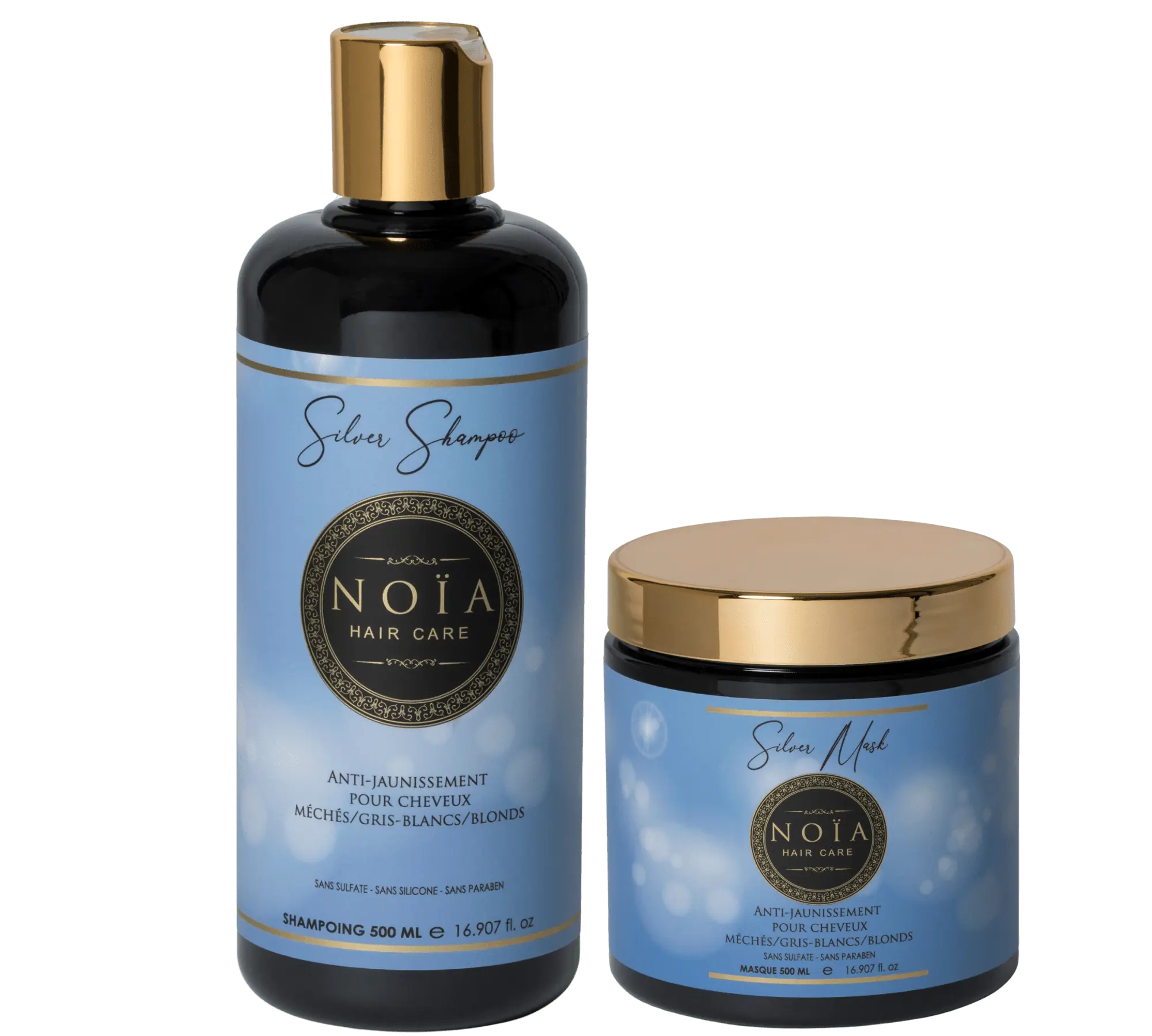 Routine Capillaire DUO Silver  : La Solution Anti-Jaunissement Complète pour les Cheveux Blonds - Shampoing+Masque Noiahair FR