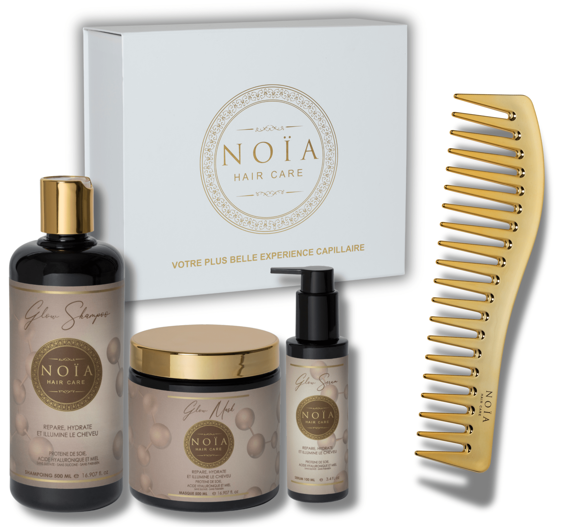 Coffret Cadeau TRIO Glow – Protéine de Soie, AH & Miel – Hydratation & Éclat Noiahair FR