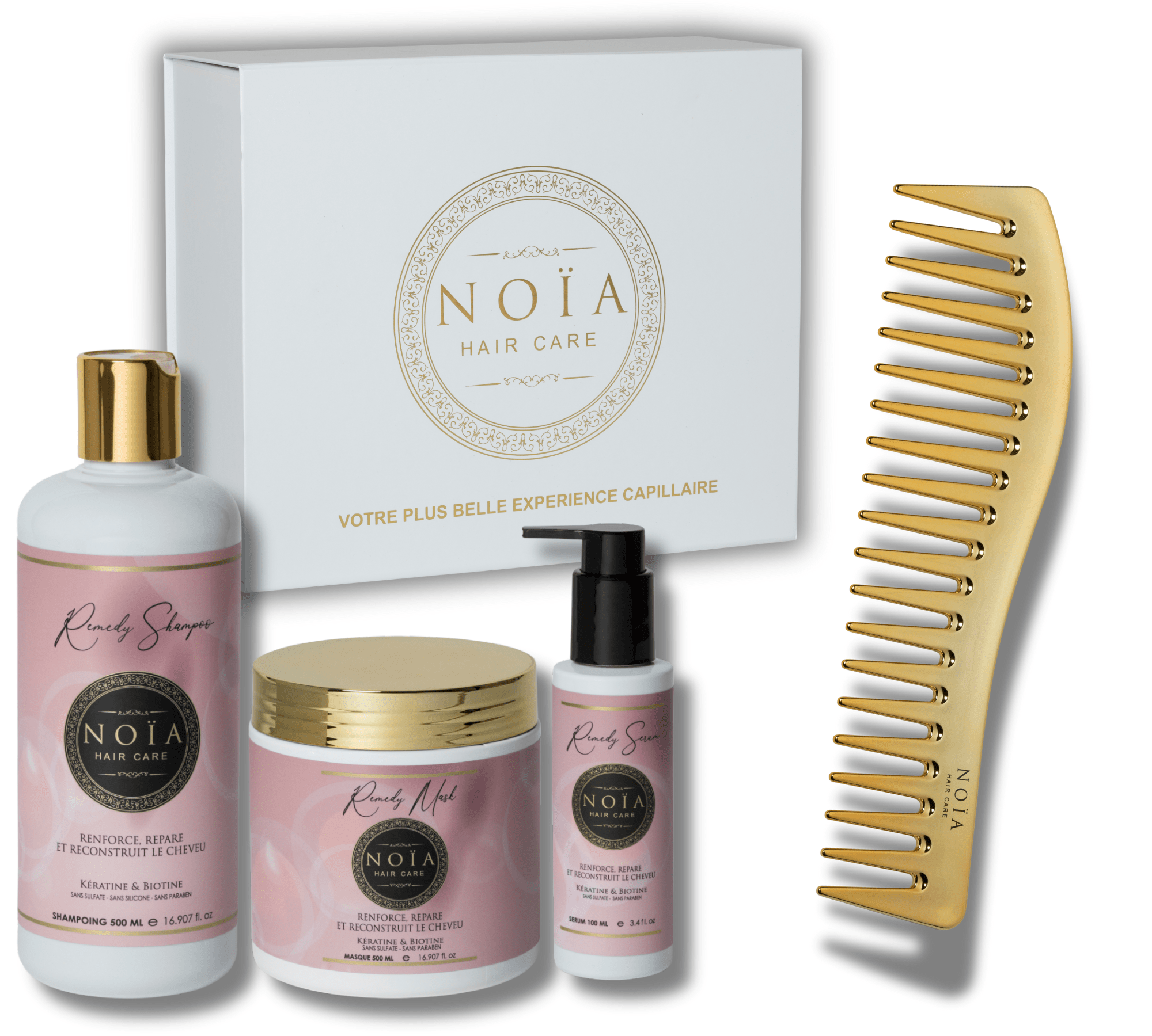 Coffret Cadeau TRIO Remedy – Kératine & Biotine – Anti-Chute & Renforcement Noiahair FR