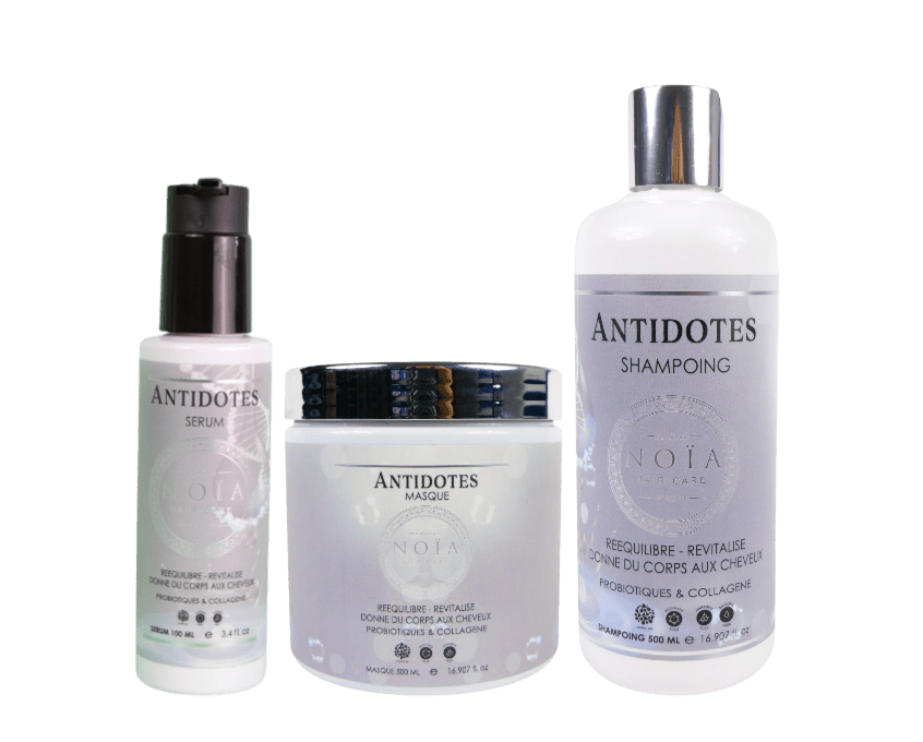Coffret Cadeau - TRIO ANTIDOTES aux Probiotiques Shampoing 500ml + Masque 500ml + Sérum 100ml + Boite Prestige + Peigne ou Brosse Noiahair FR