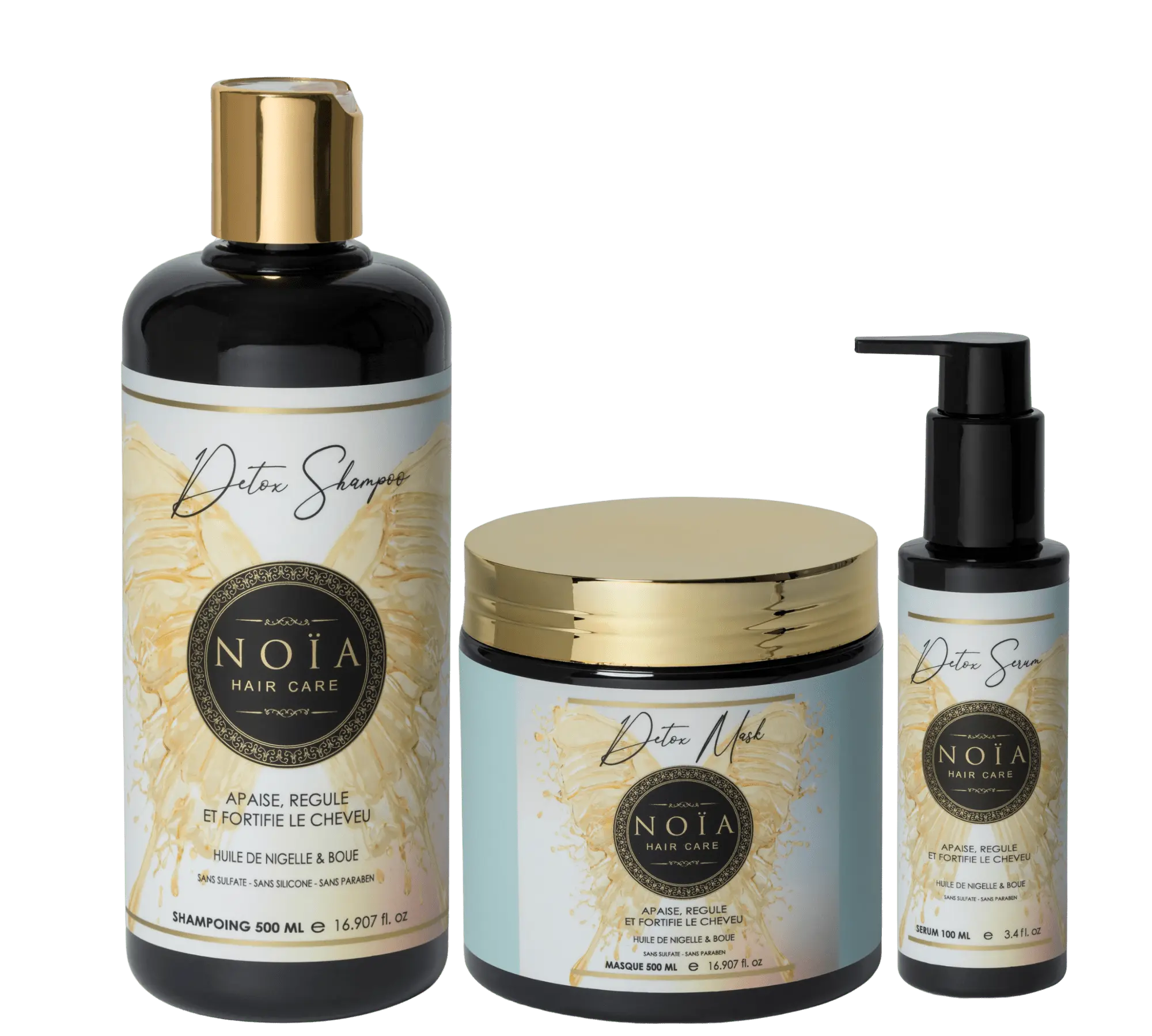 Routine Capillaire DETOX de Noïa Hair Care : Votre Bouclier Naturel - Pack Trio Shampoing + Masque + Sérum Huile de Nigelle & Boue Noiahair FR